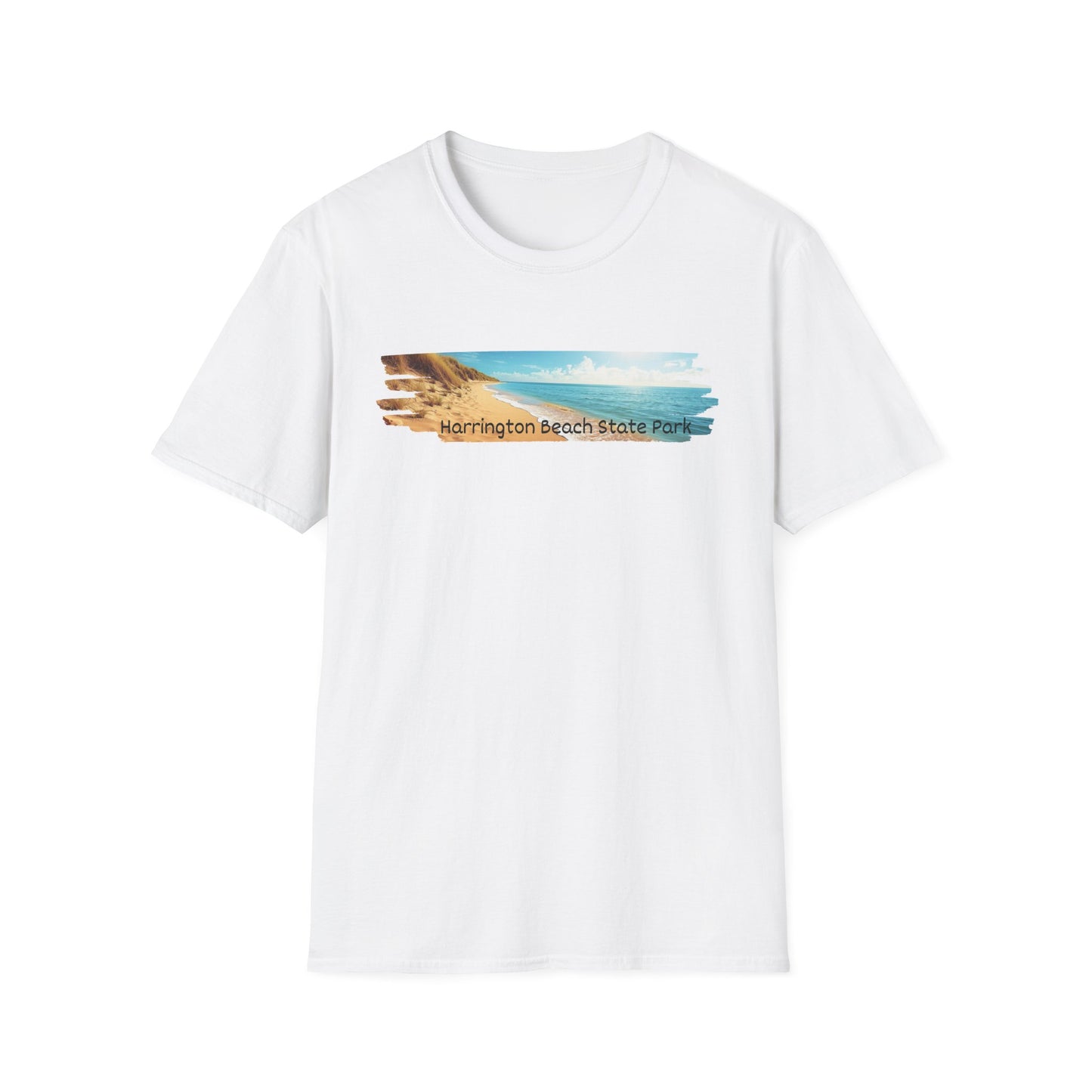 White t-shirt with a beach graphic and text on a white background