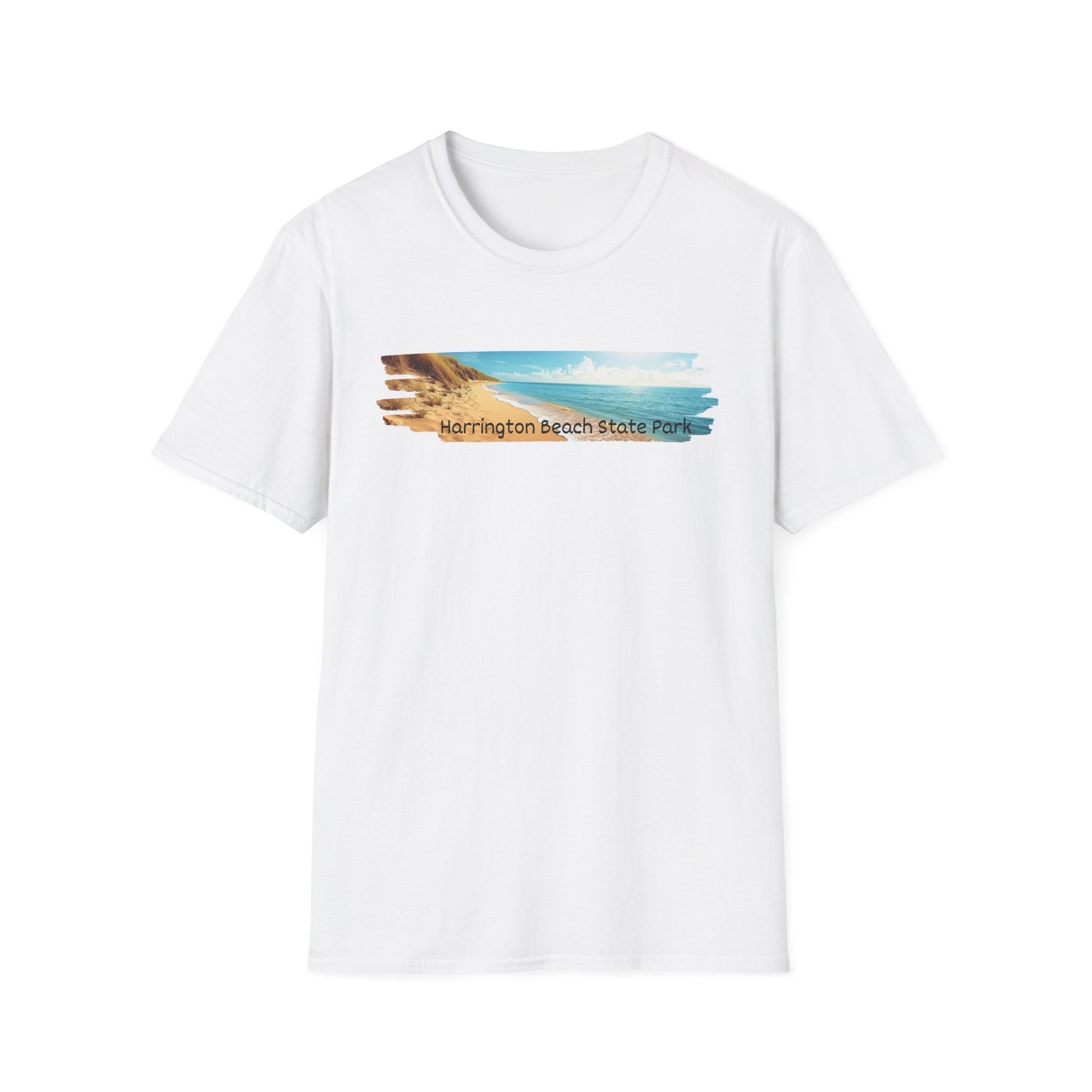 White t-shirt with a beach graphic and text on a white background