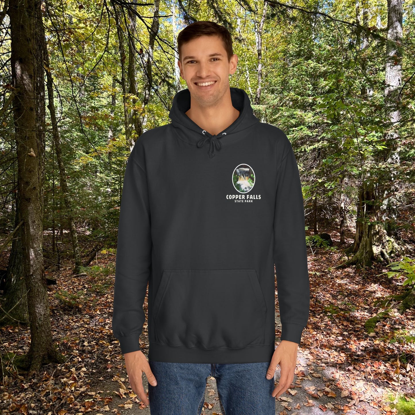 Copper falls sweatshirt front design in jet black. 