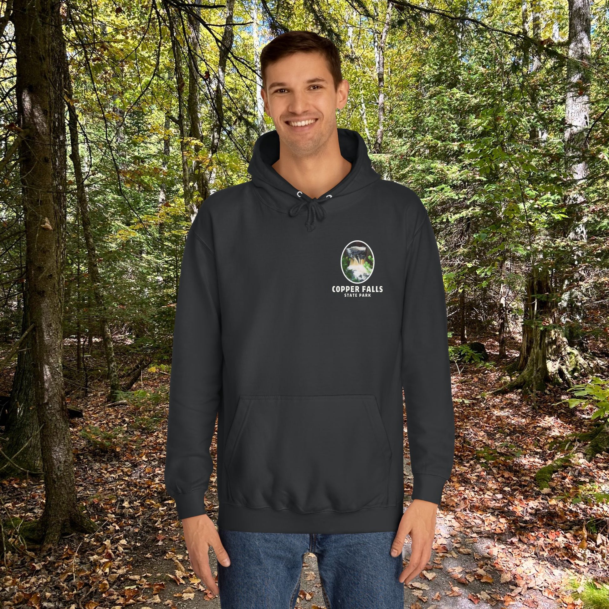 Copper falls sweatshirt front design in jet black. 
