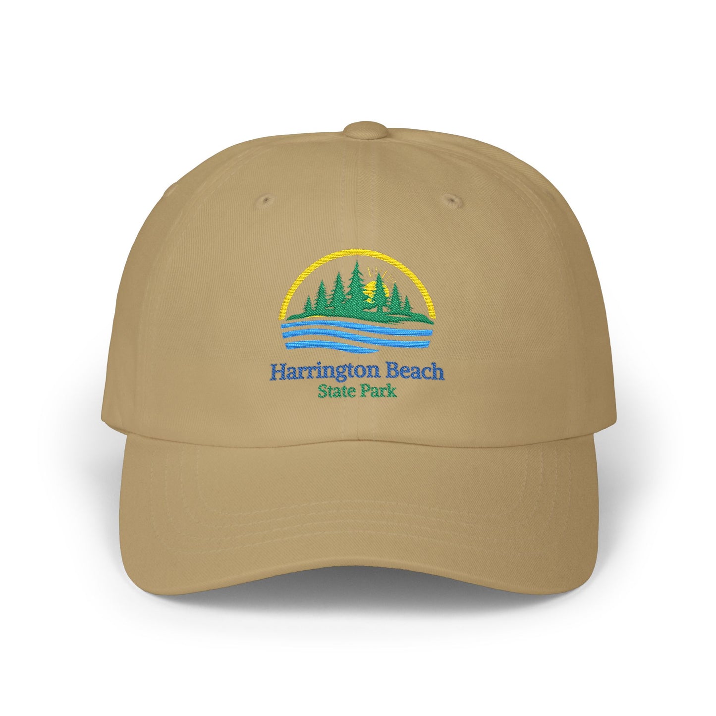 Khaki cap with Harrington Beach State Park logo on a white background