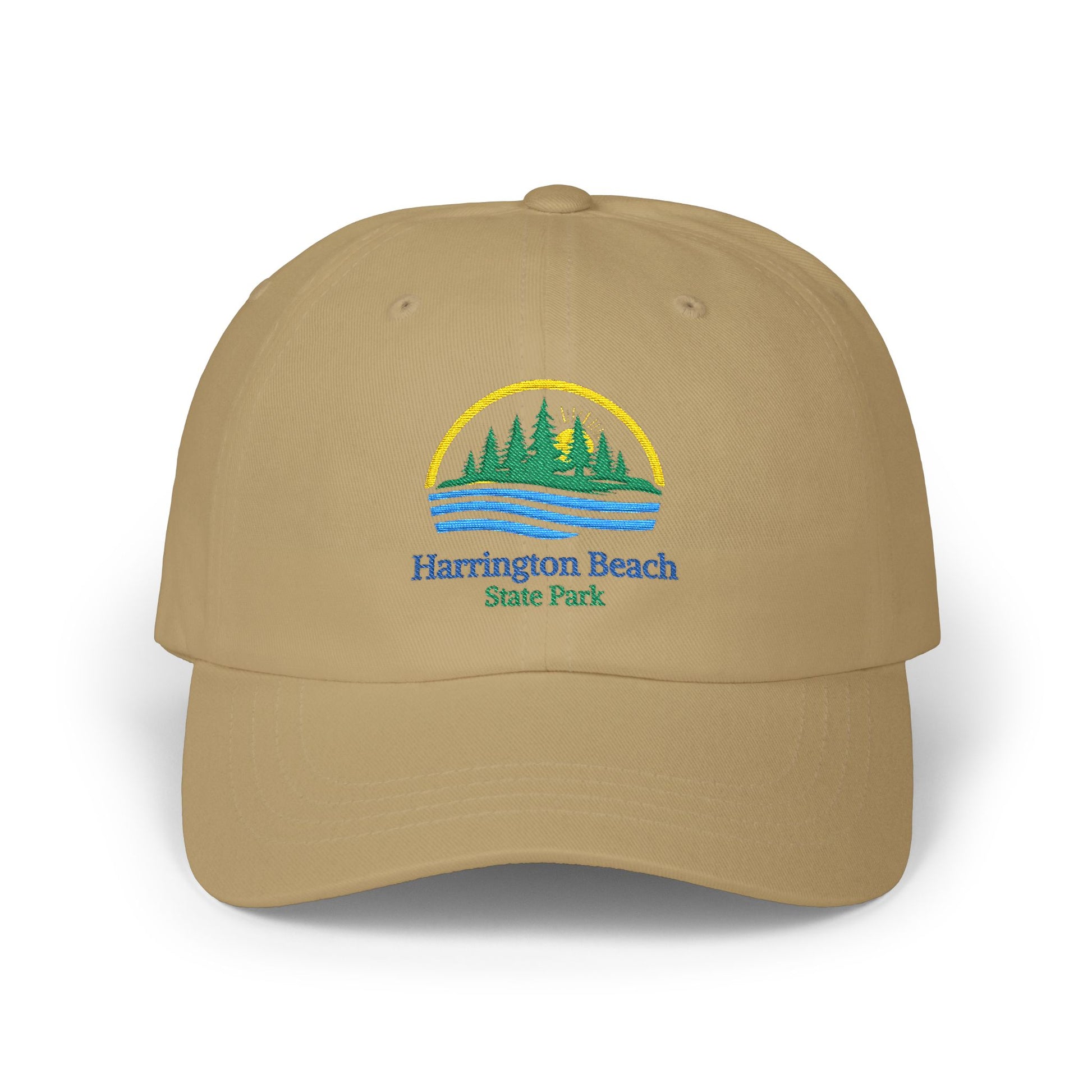 Khaki cap with Harrington Beach State Park logo on a white background