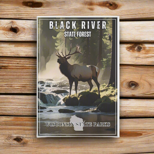 2x3” CCC inspired Black River State Forest magnet featuring a design of an elk standing in a creek.