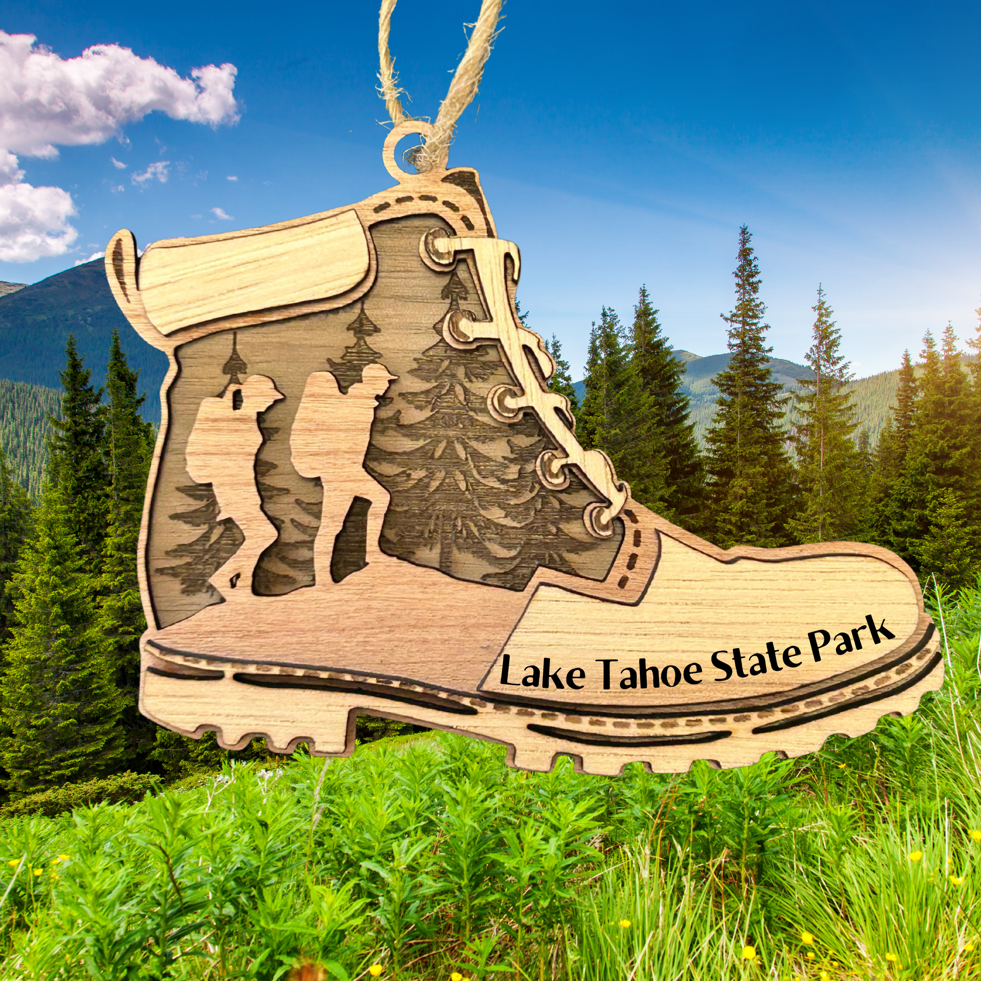 Wooden ornament shaped like a hiking boot with 'Lake Tahoe State Park' text, set against a natural background.