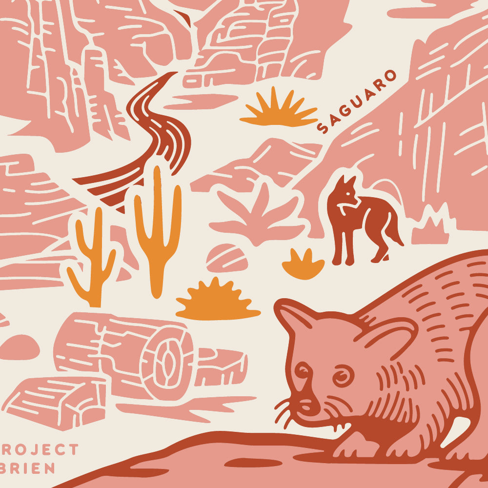 Illustration of a desert scene with cacti, logs, and animals on a pink background.