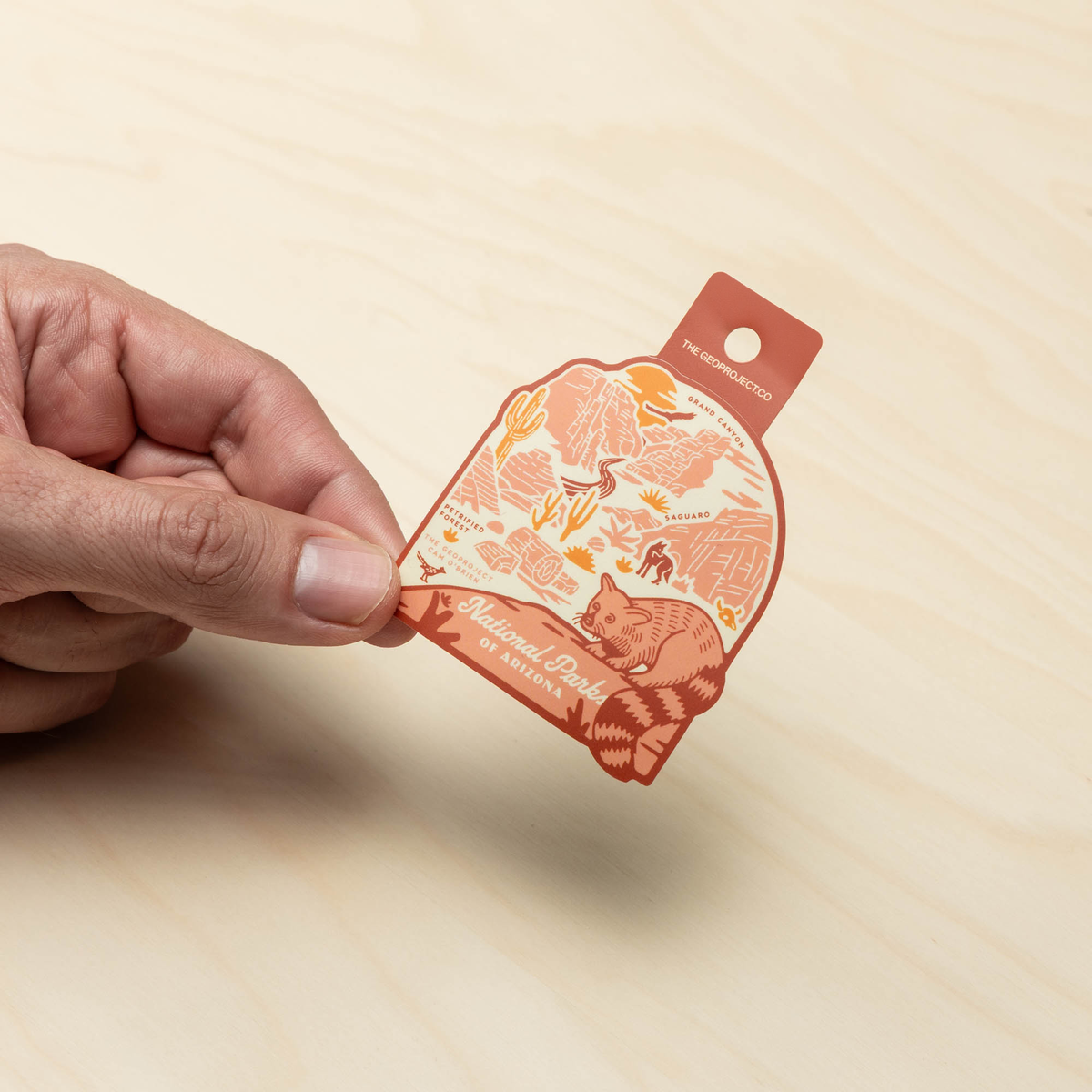 Hand holding a small, decorative sticker of Arizona National Parks with a scenic design on a beige background