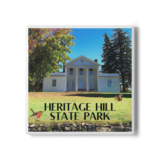 Coaster depicting a a restored historical estate house and the text “Heritage Hill State Park.” 