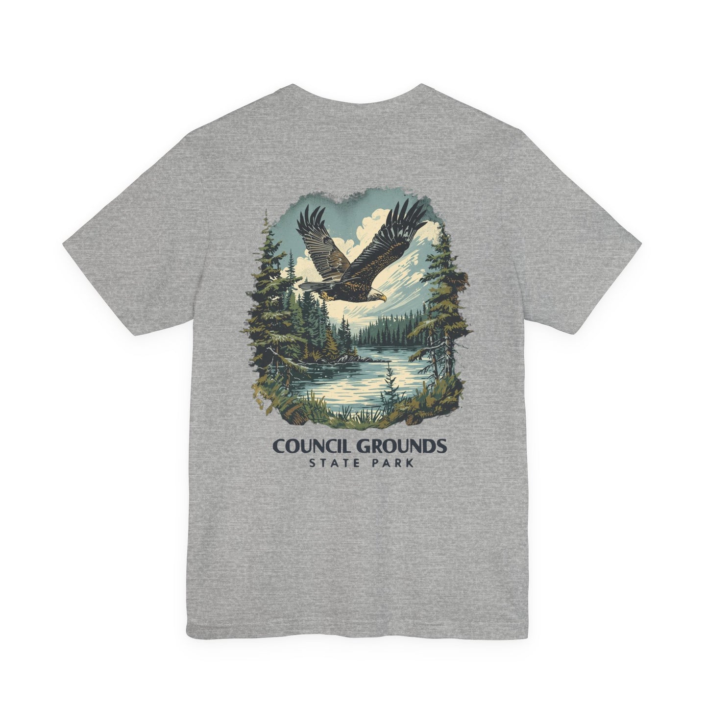 Gray t-shirt with a eagle graphic and 'Council Grounds State Park' text on a white background