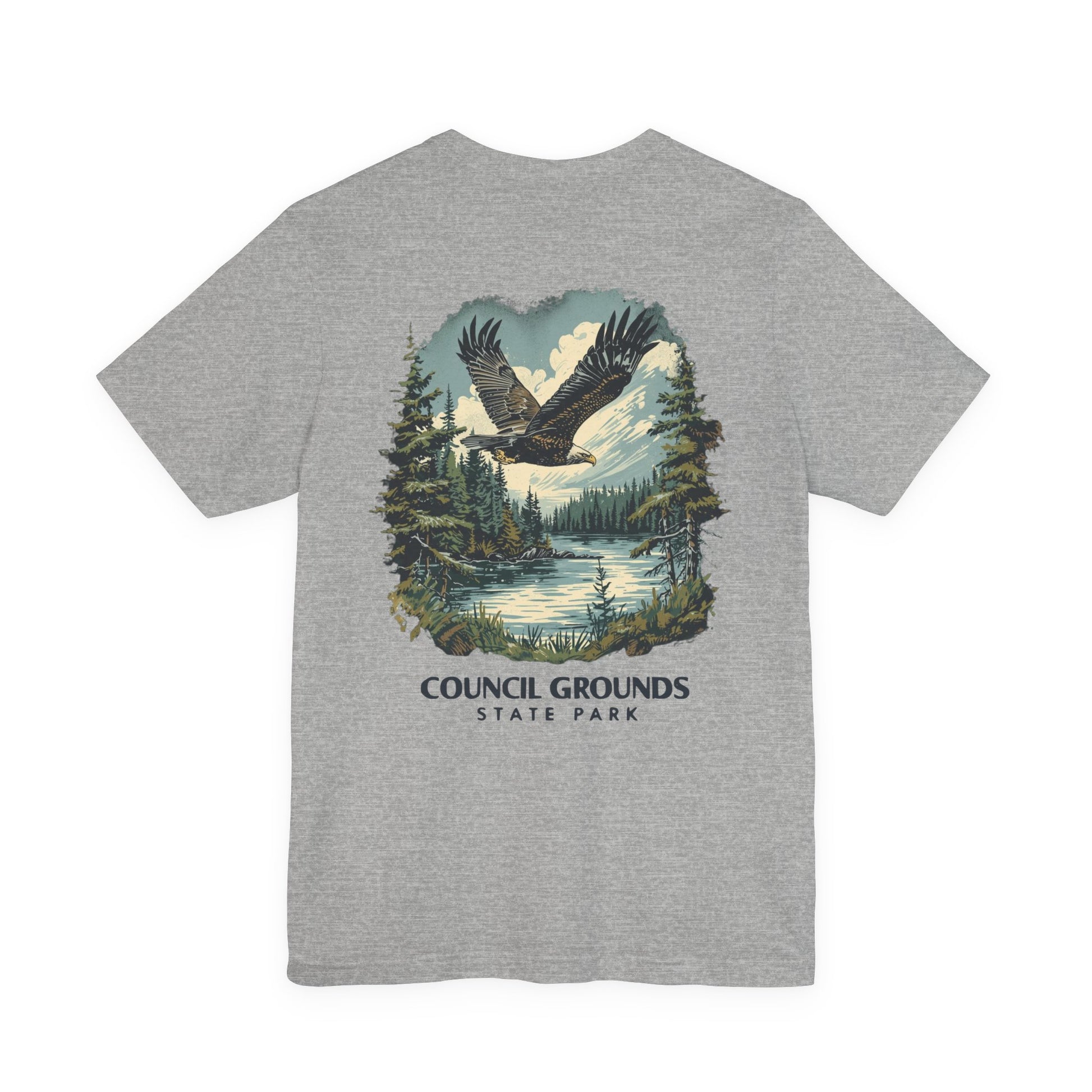 Gray t-shirt with a eagle graphic and 'Council Grounds State Park' text on a white background