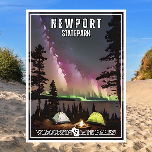 Poster depicting tents along a lakeshore and northern lights in the night sky.  Photo background: sandy path between the dunes leading to the lakeshore.