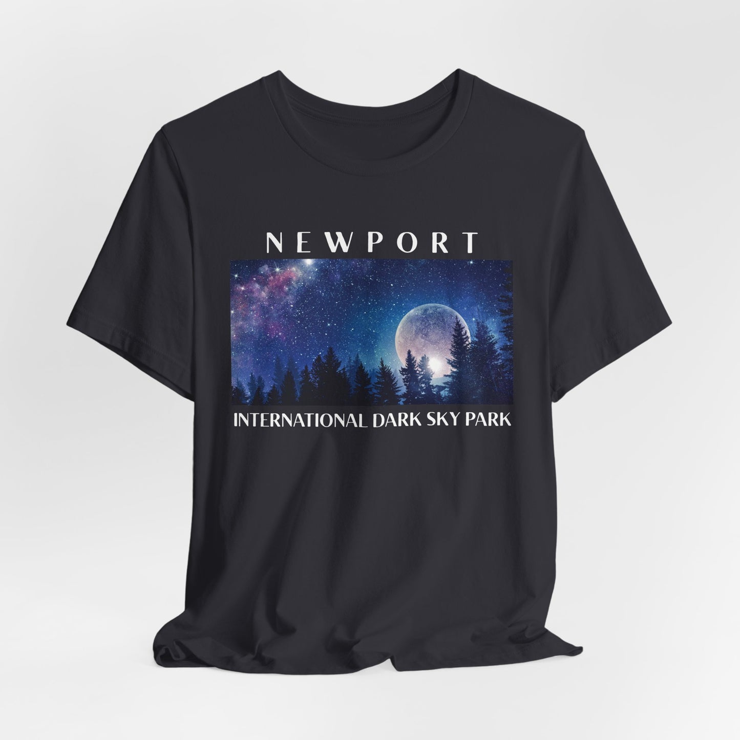 Dark gray t-shirt with a graphic of a night sky over trees and the text 'Newport International Dark Sky Park' on a white background.