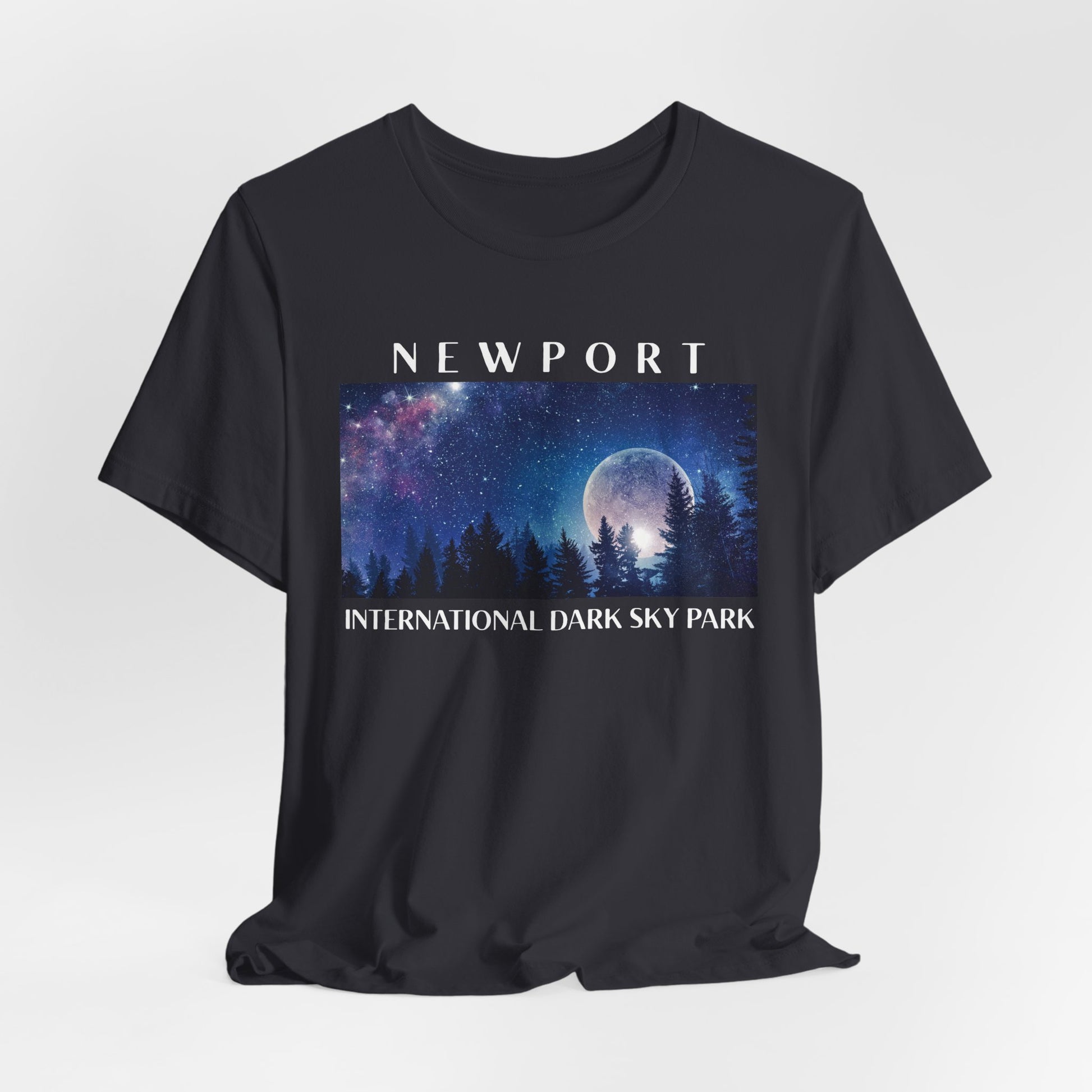 Dark gray t-shirt with a graphic of a night sky over trees and the text 'Newport International Dark Sky Park' on a white background.