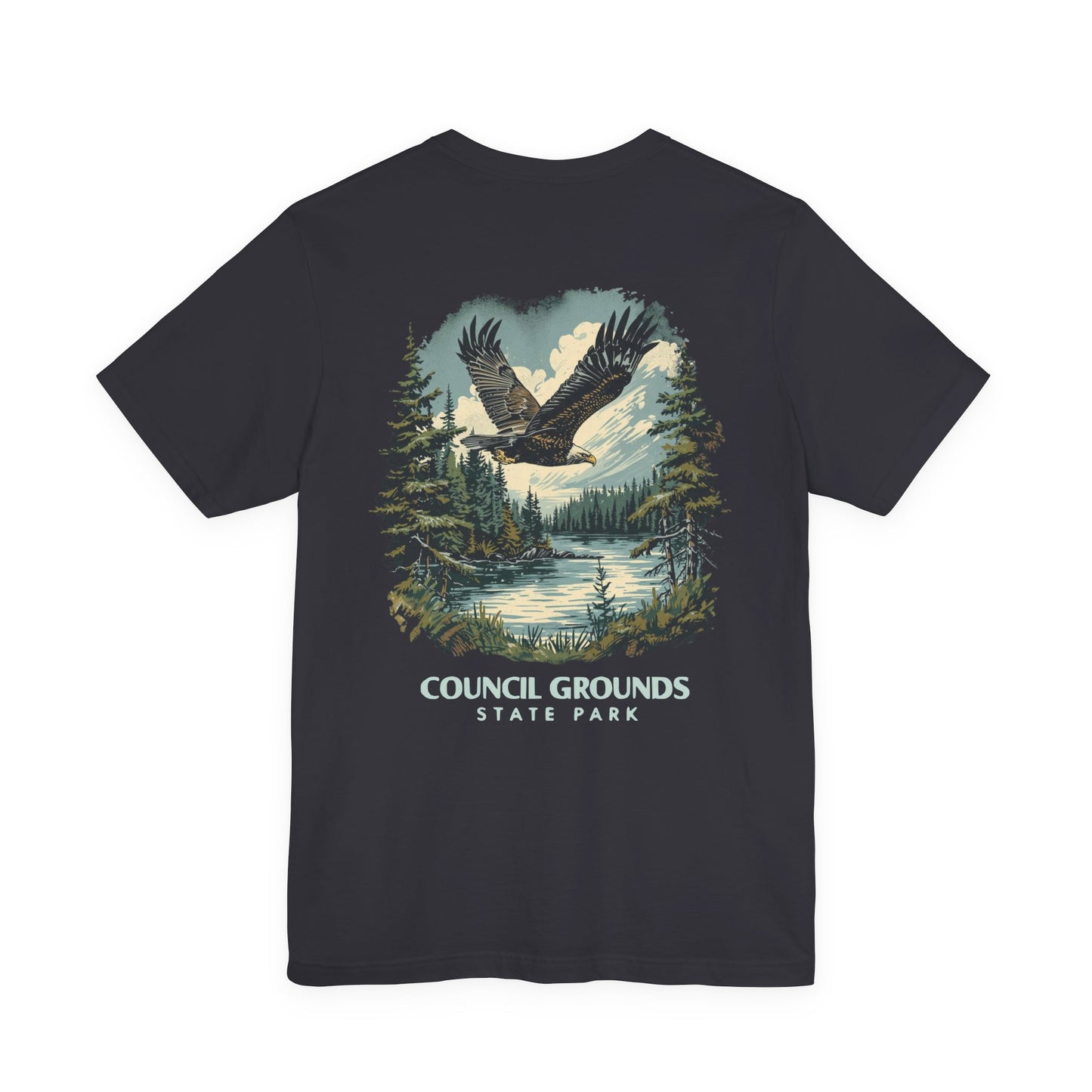 Gray t-shirt with an eagle and forest design on the back, featuring 'Council Grounds State Park' text.