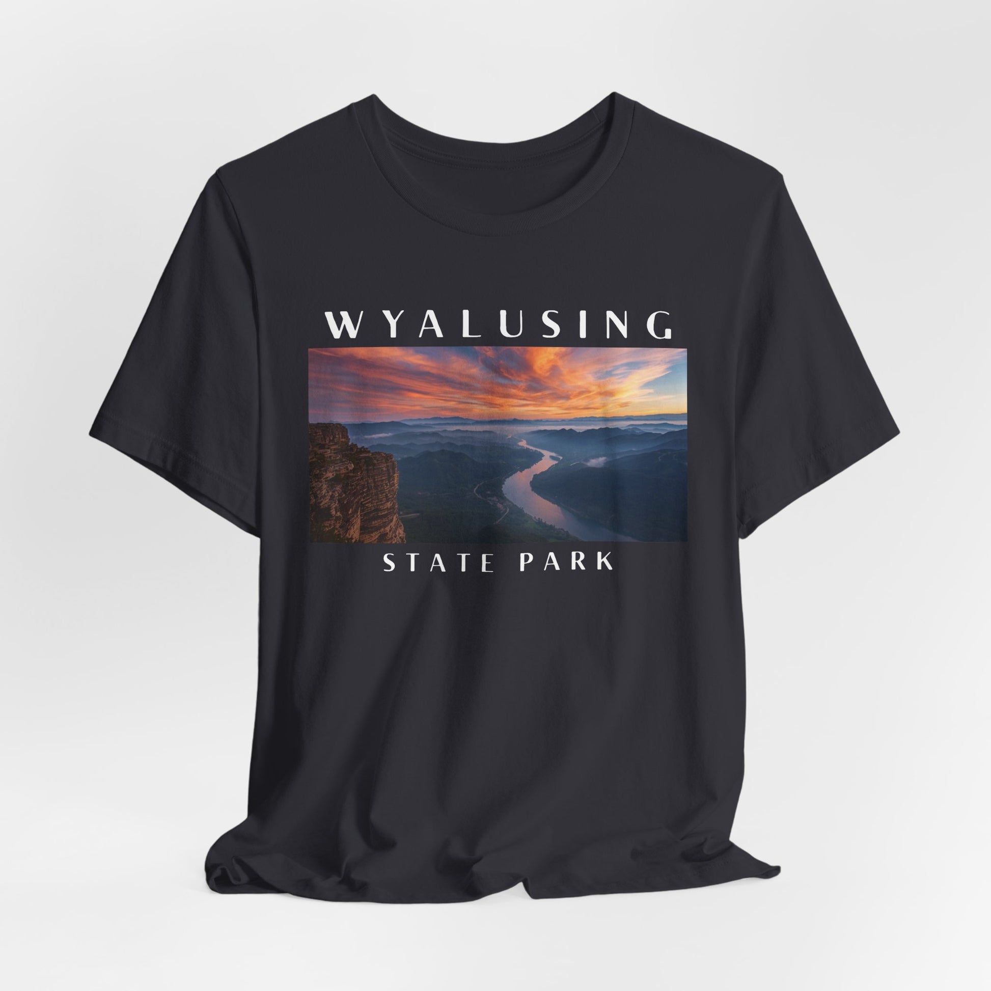 Dark Gray t-shirt with Wyalusing State Park graphic on a white background