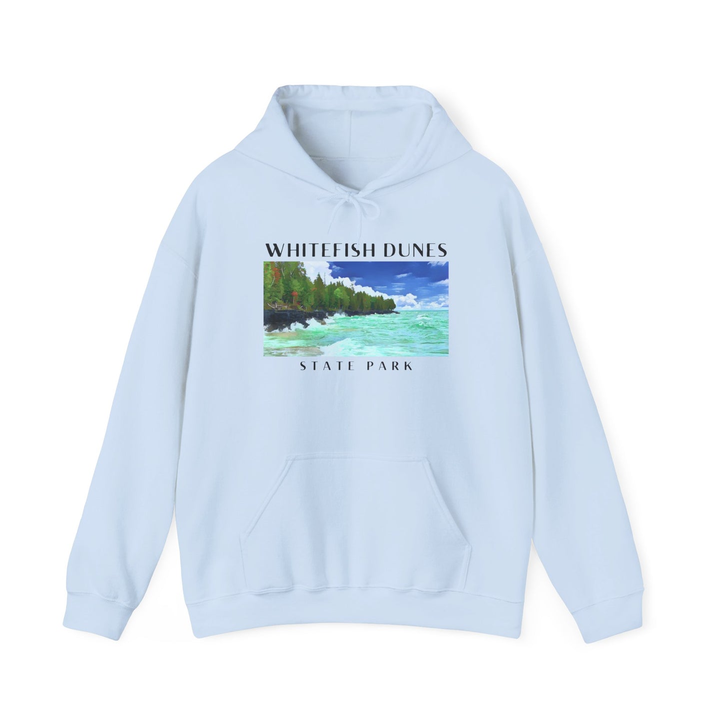 Light blue hoodie with a scenic print of Whitefish Dunes State Park on a white background