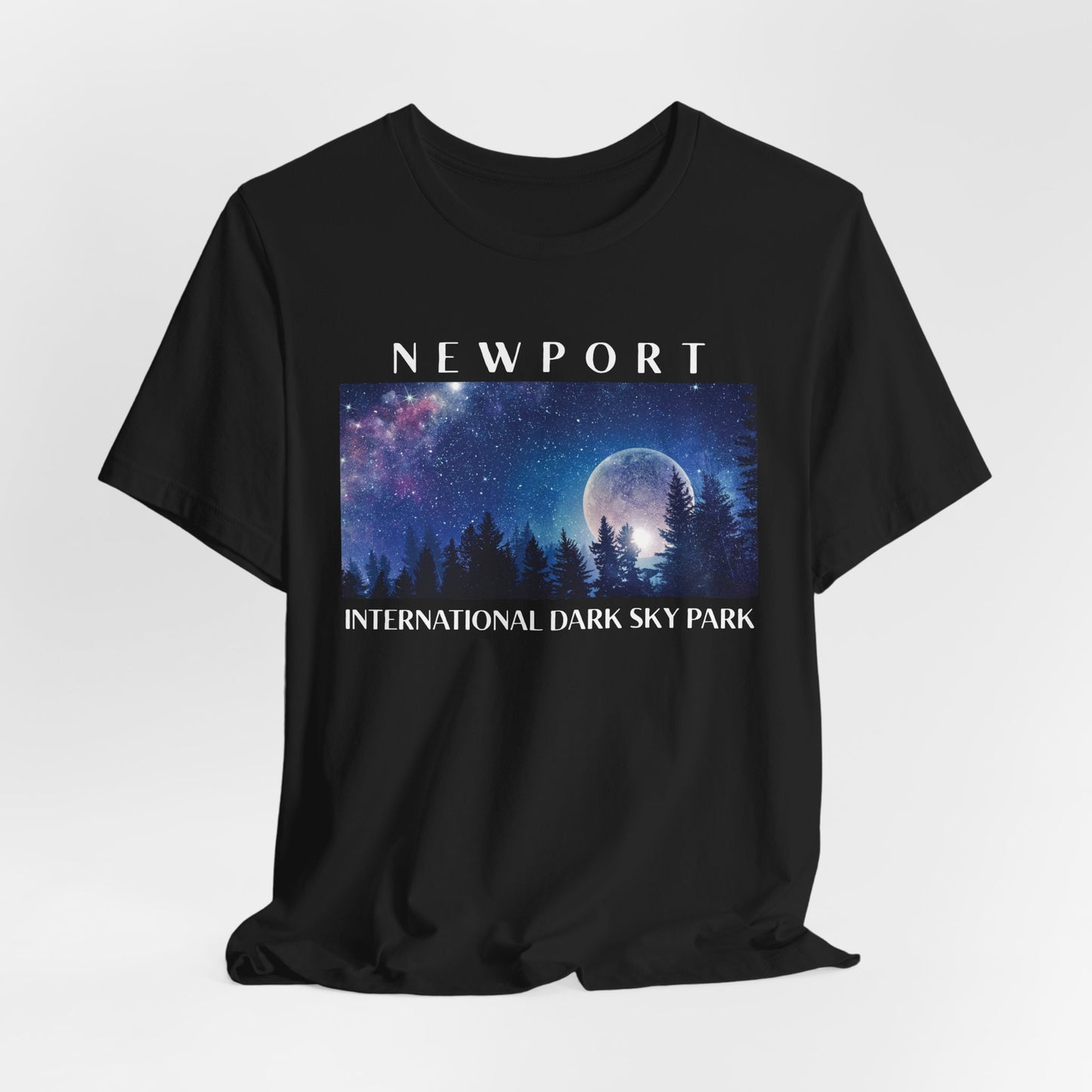 Black t-shirt with a graphic of a night sky over trees and the text 'Newport International Dark Sky Park' on a white background.