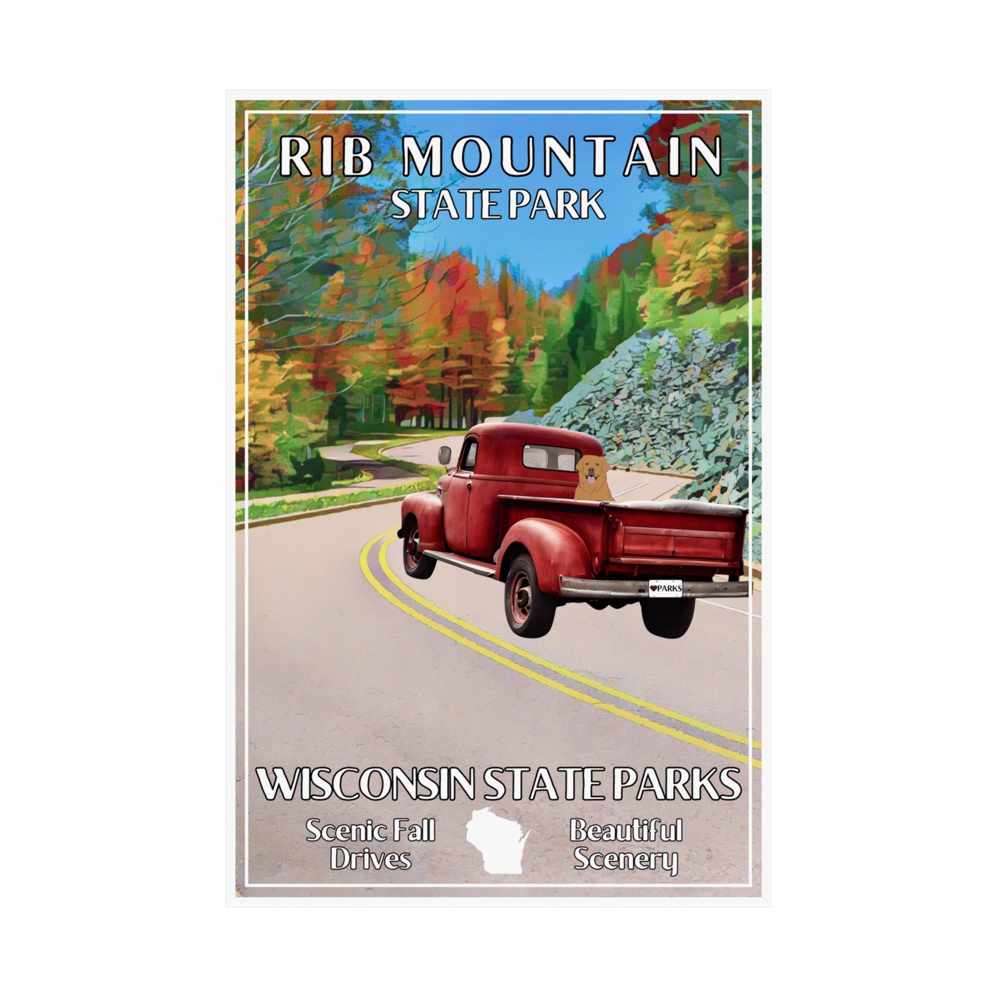 12x18” poster depicting a vintage red truck with a dog in the back driving up a curvy road lined with trees in vibrant color.