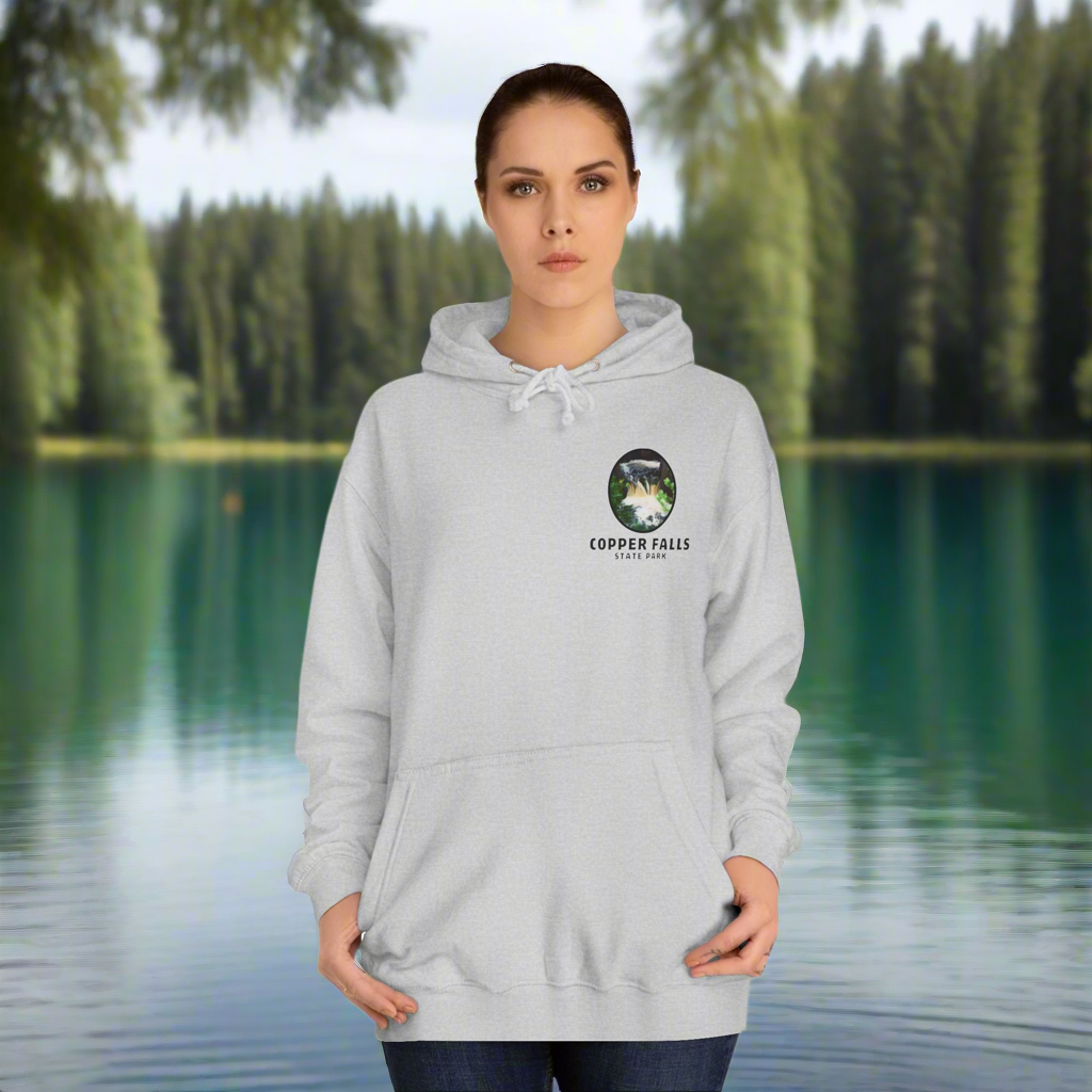 Copper falls sweatshirt front design in heater grey. 