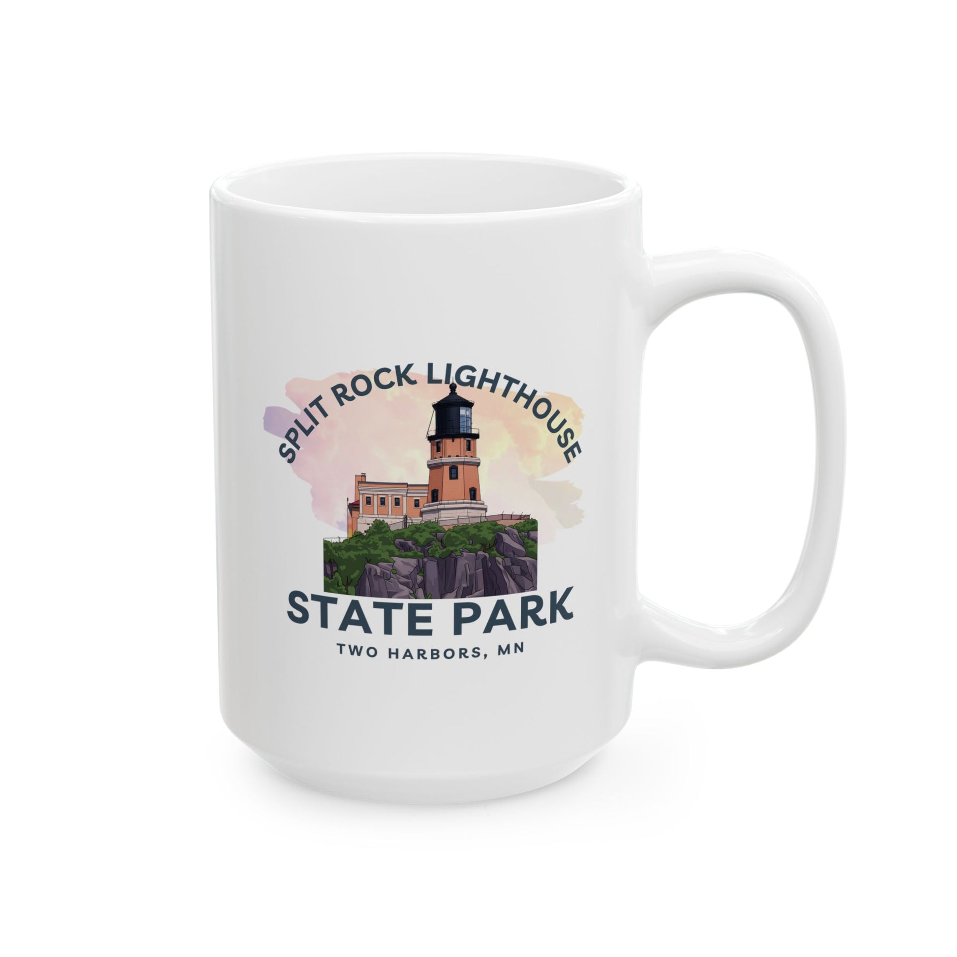 White mug with Split Rock Lighthouse State Park design on a white background