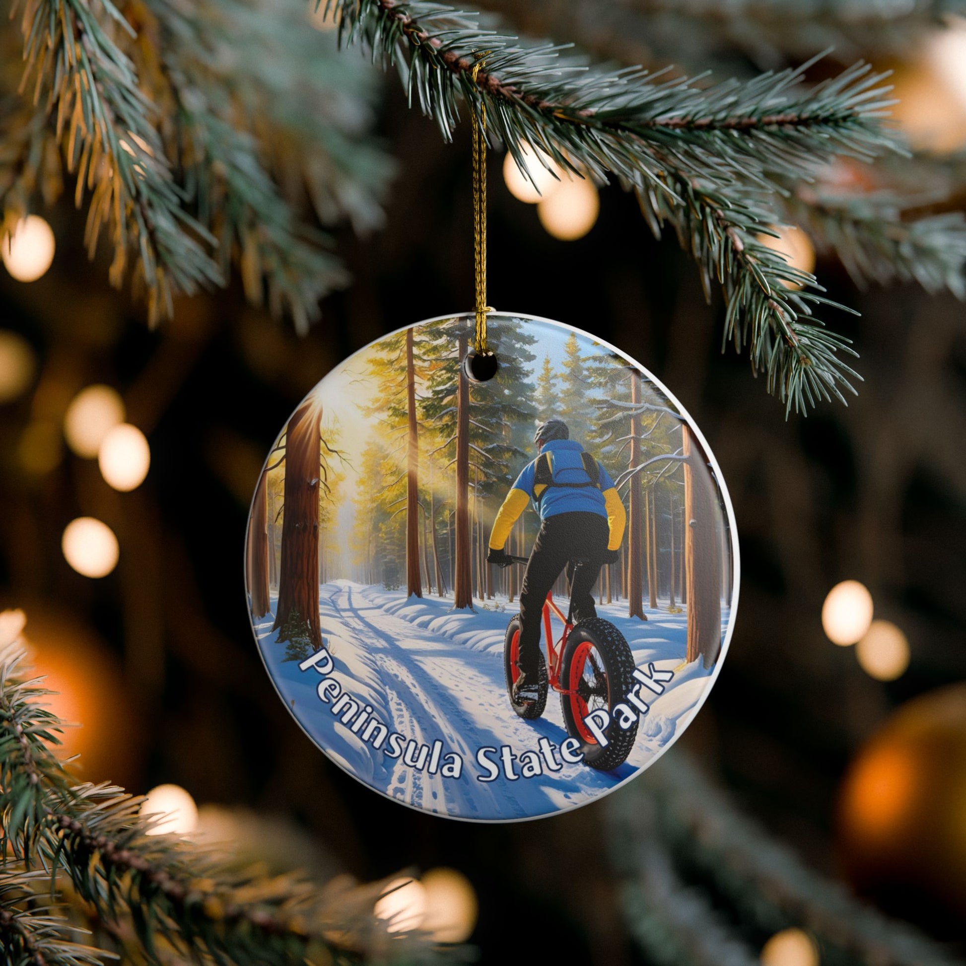 Round Christmas ornament with a bicycle rider in a snowy forest design, hanging on a tree branch.