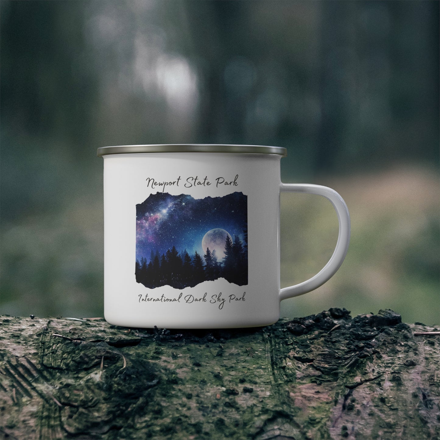 Mug with a starry night design  with Newport State Park text on a tree stump in a forest setting