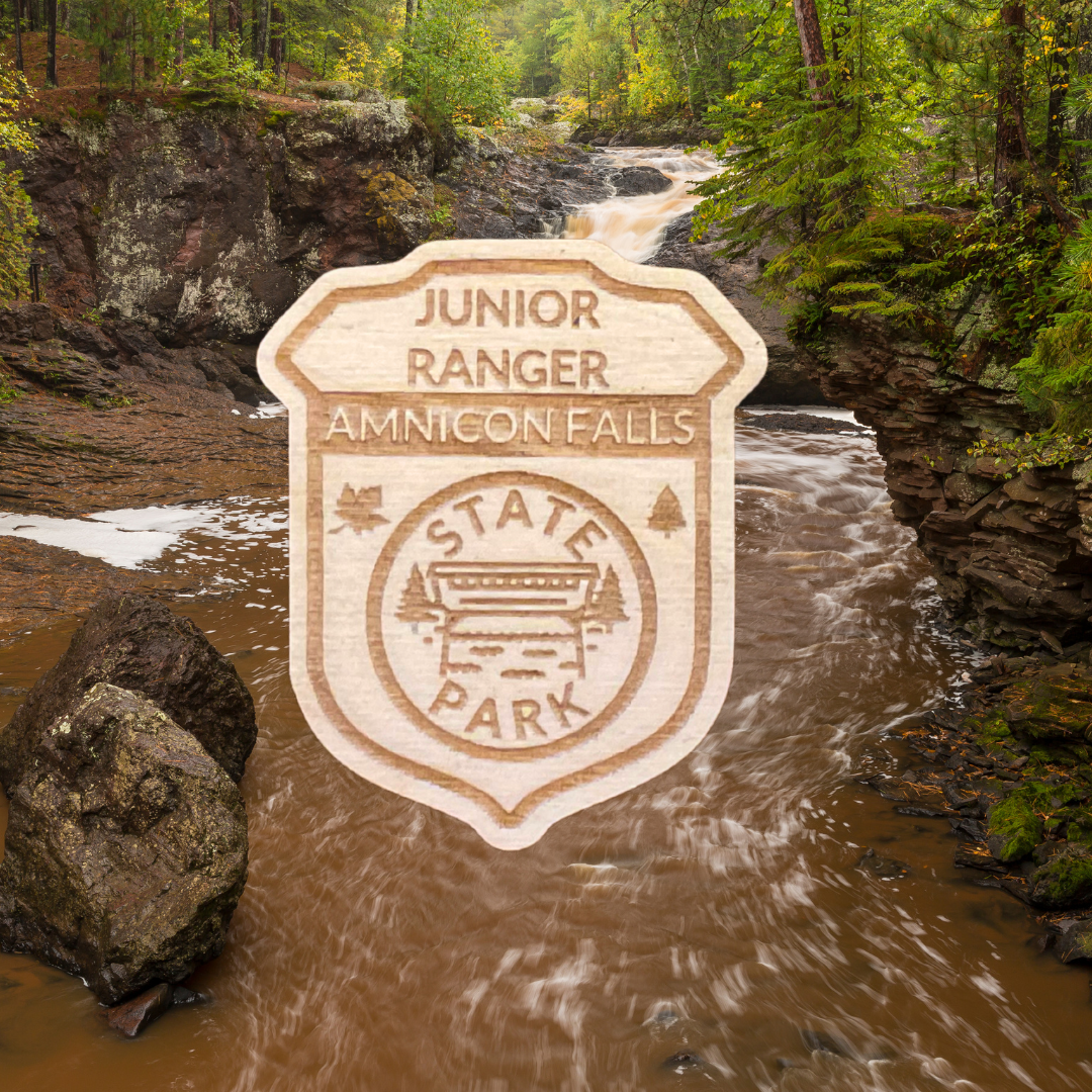 Wood shaped Jr. Ranger Badge depicting a covered bridge over a stream and the text: Junior Ranger Amnicon Falls State Park.  Photo Background: River and small falls flowing through a rocky channel and forest.