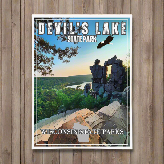 18x24 vintage Devils Lake CCC poster displaying devils doorway and overlooking the lake.