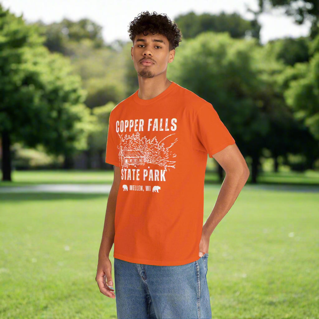 Copper Falls CCC tee front in orange.