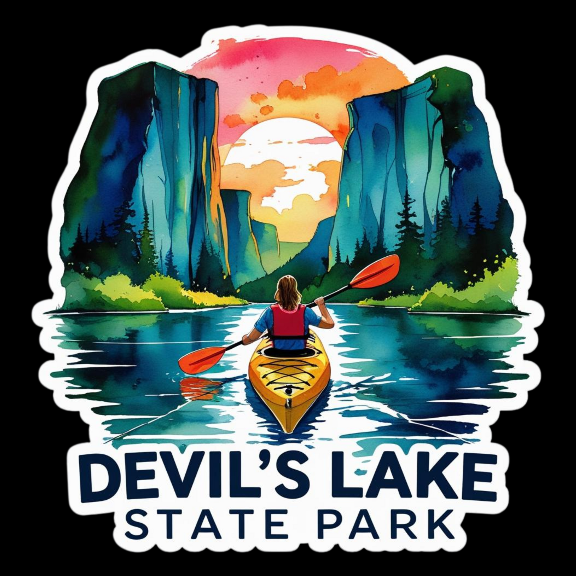 Watercolor style sticker featuring a kayaker on a lake surrounded by towering rock bluffs, a vivid sunset and the text Devil’s Lake State Park.  Photo background: Solid black. 
