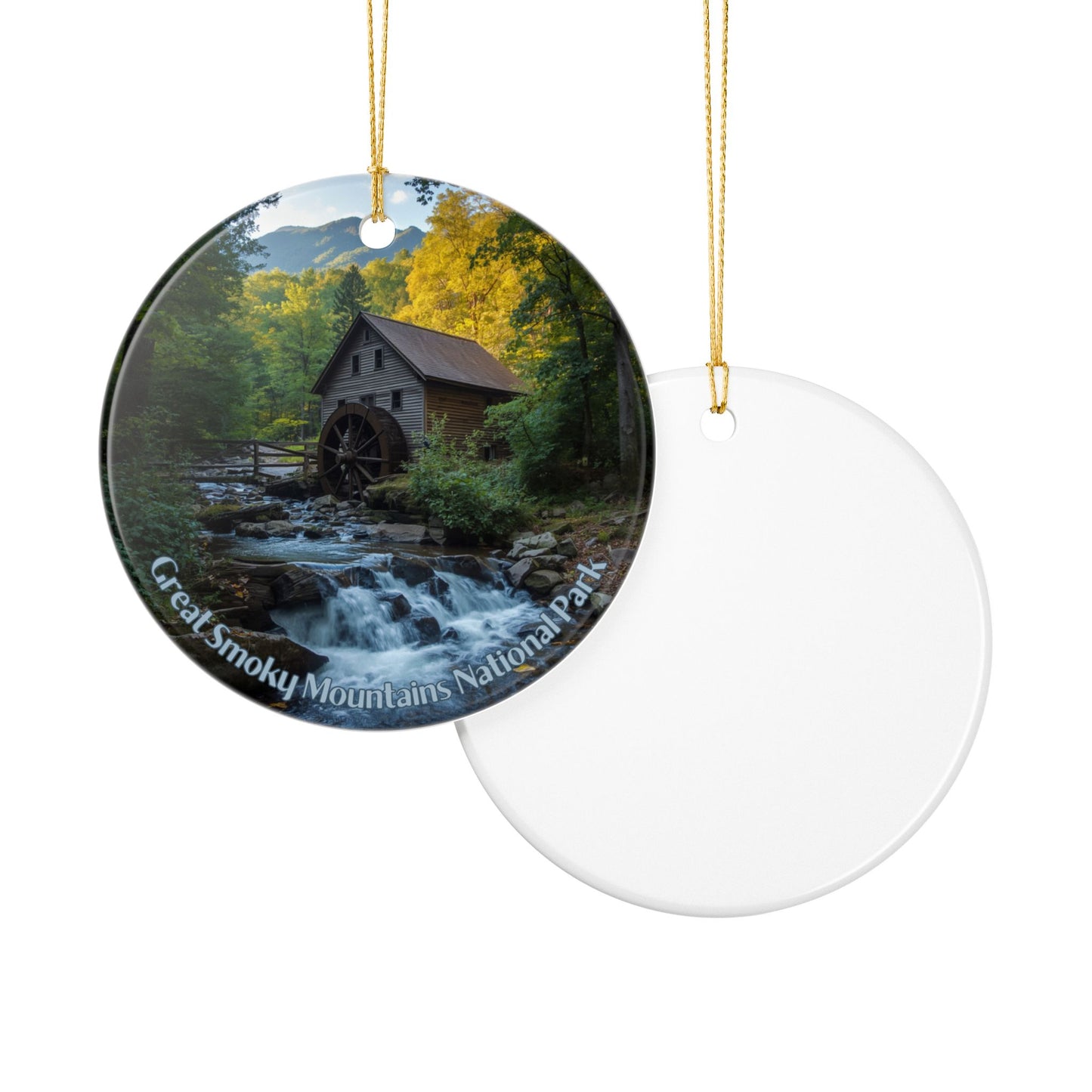 Round ceramic ornament with a scenic view of a watermill and waterfall, featuring 'Great Smoky Mountains National Park'.