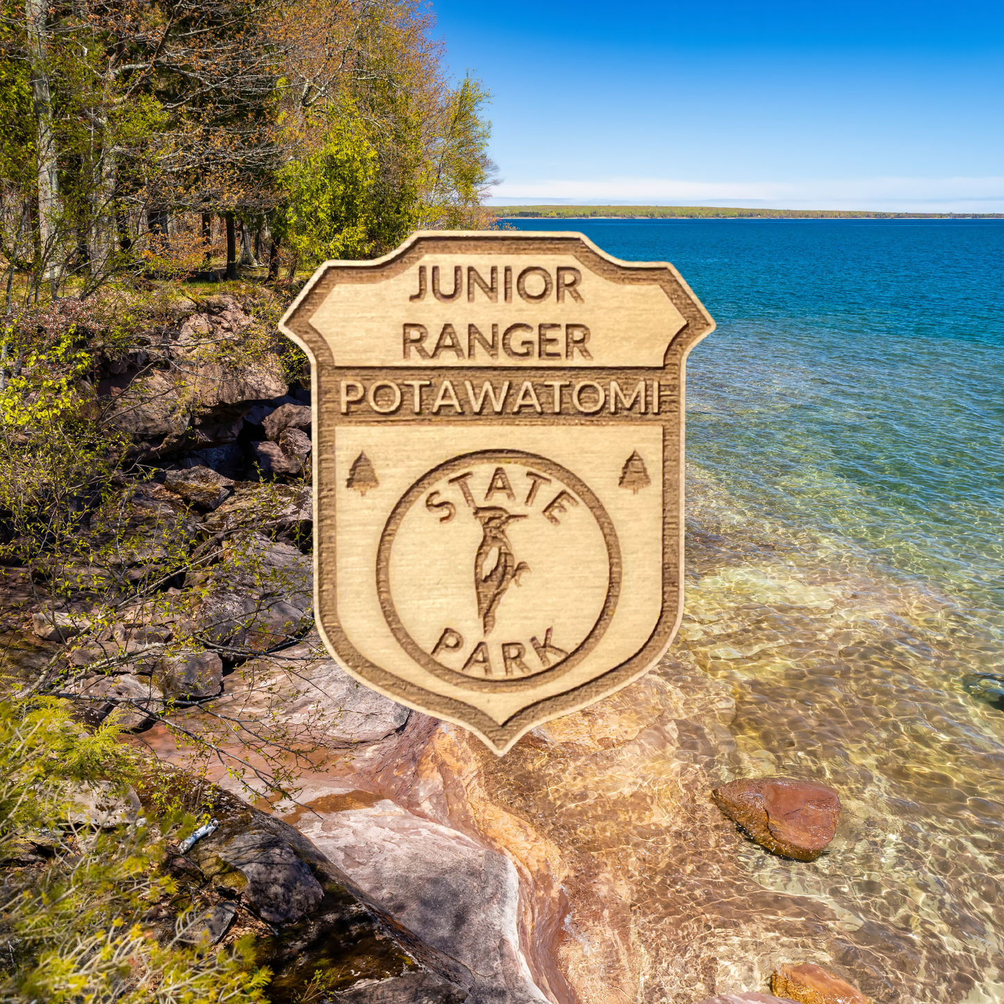 Wood badge featuring the text: “Junior Ranger Potawatomi State Park” and a woodpecker icon with a scenic background of a rocky shoreline s and trees.