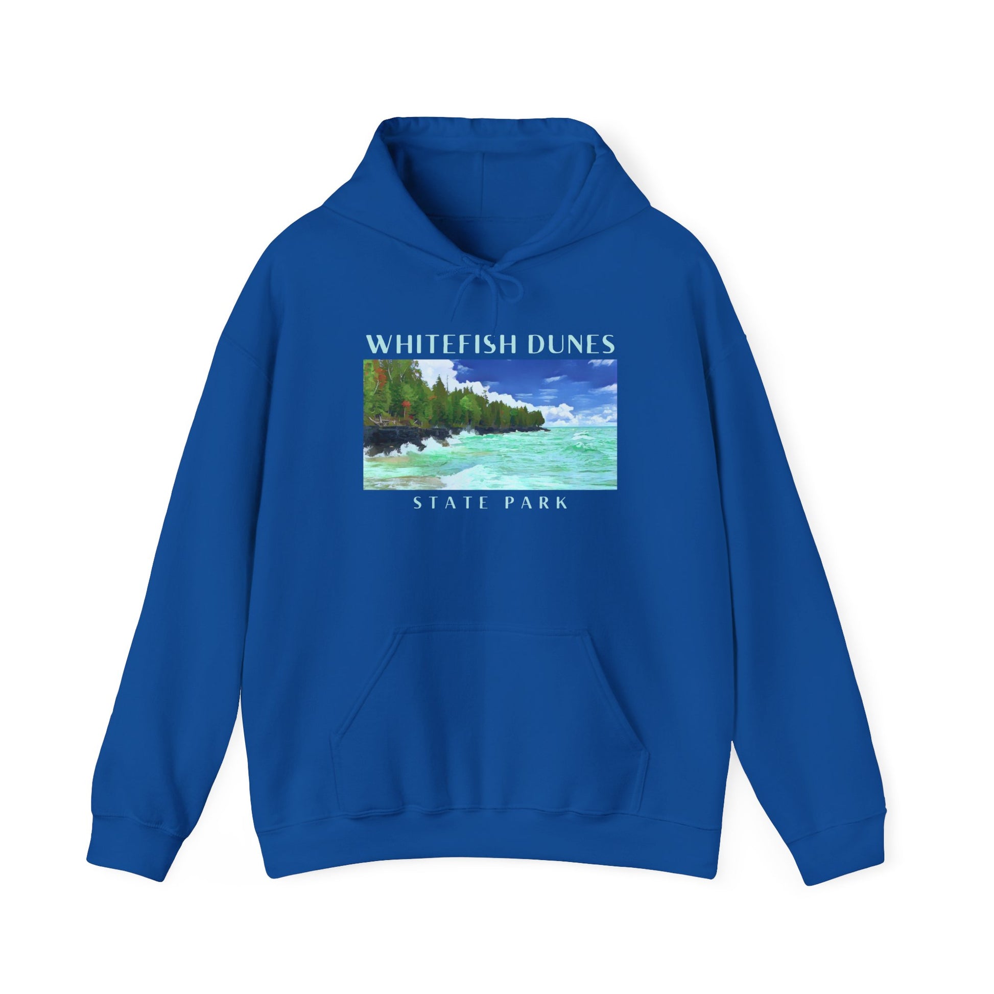 Royal hoodie with a scenic print and 'Whitefish Dunes State Park' text on a white background
