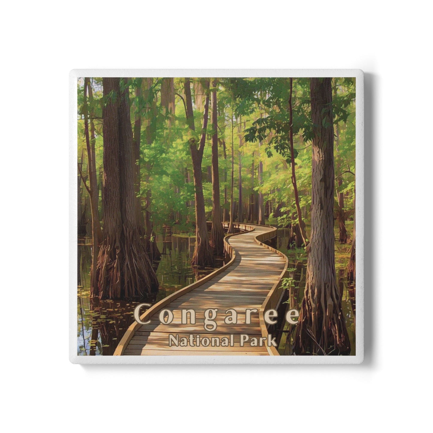 Wooden boardwalk through a cypress swamp with 'Congaree National Park' text.
