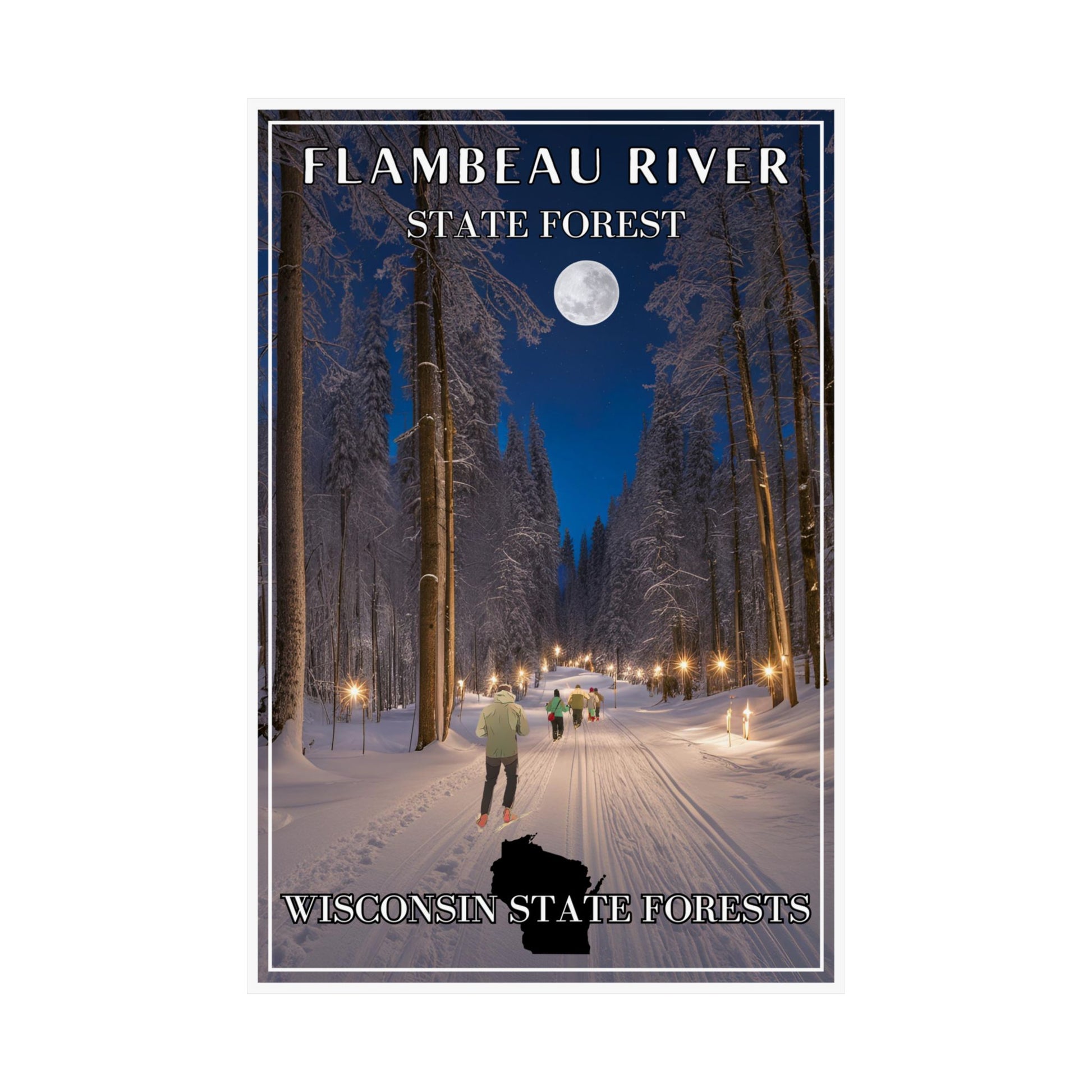 12x18” poster depicting a skier and snowshoers going down a candlelight trail through the woods and towering pines. 