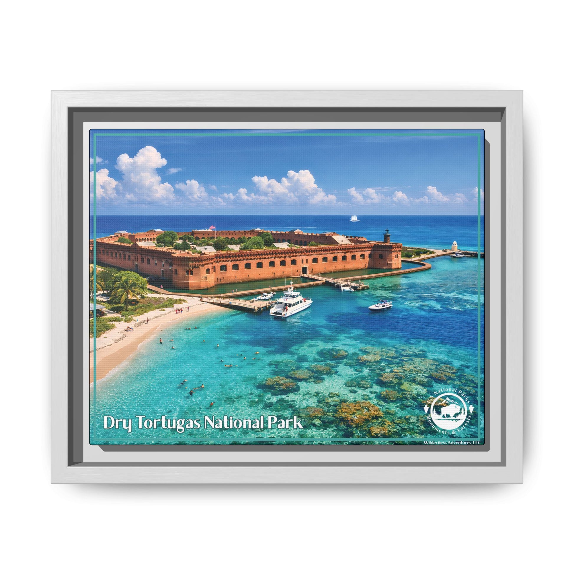 White Framed canvas print of Dry Tortugas National Park with a fort, boats, and clear blue water.