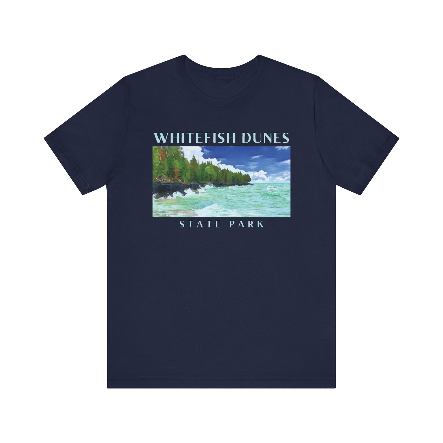 Navy blue t-shirt with a scenic graphic and 'Whitefish Dunes State Park' text on a white background