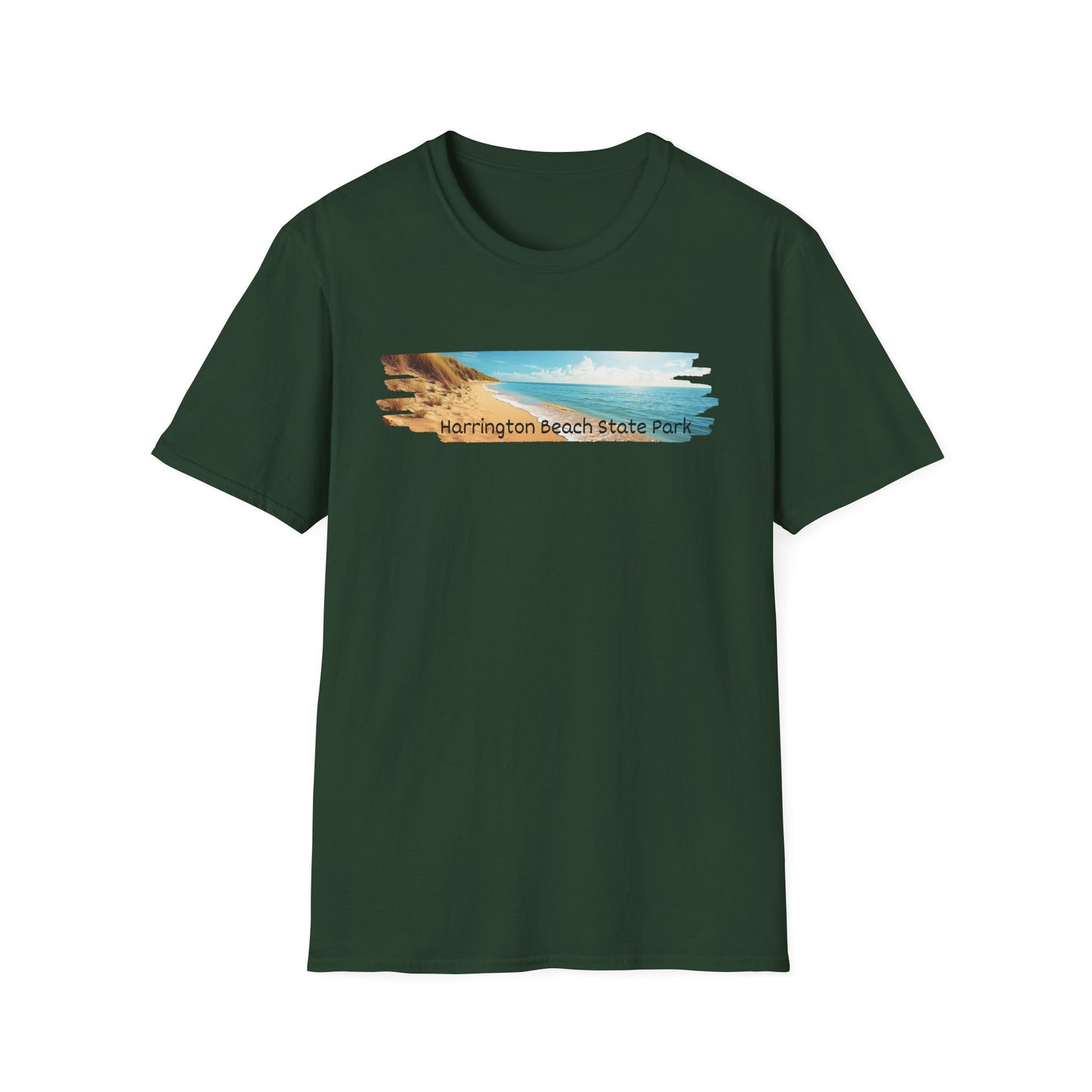 Forest Green t-shirt with Harrington Beach State Park graphic on a white background