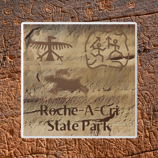 Ceramic Coaster featuring petroglyphs on sandstone design and the text “Roche-A-Cri State Park.  Photo background: ancient carvings on rock.
