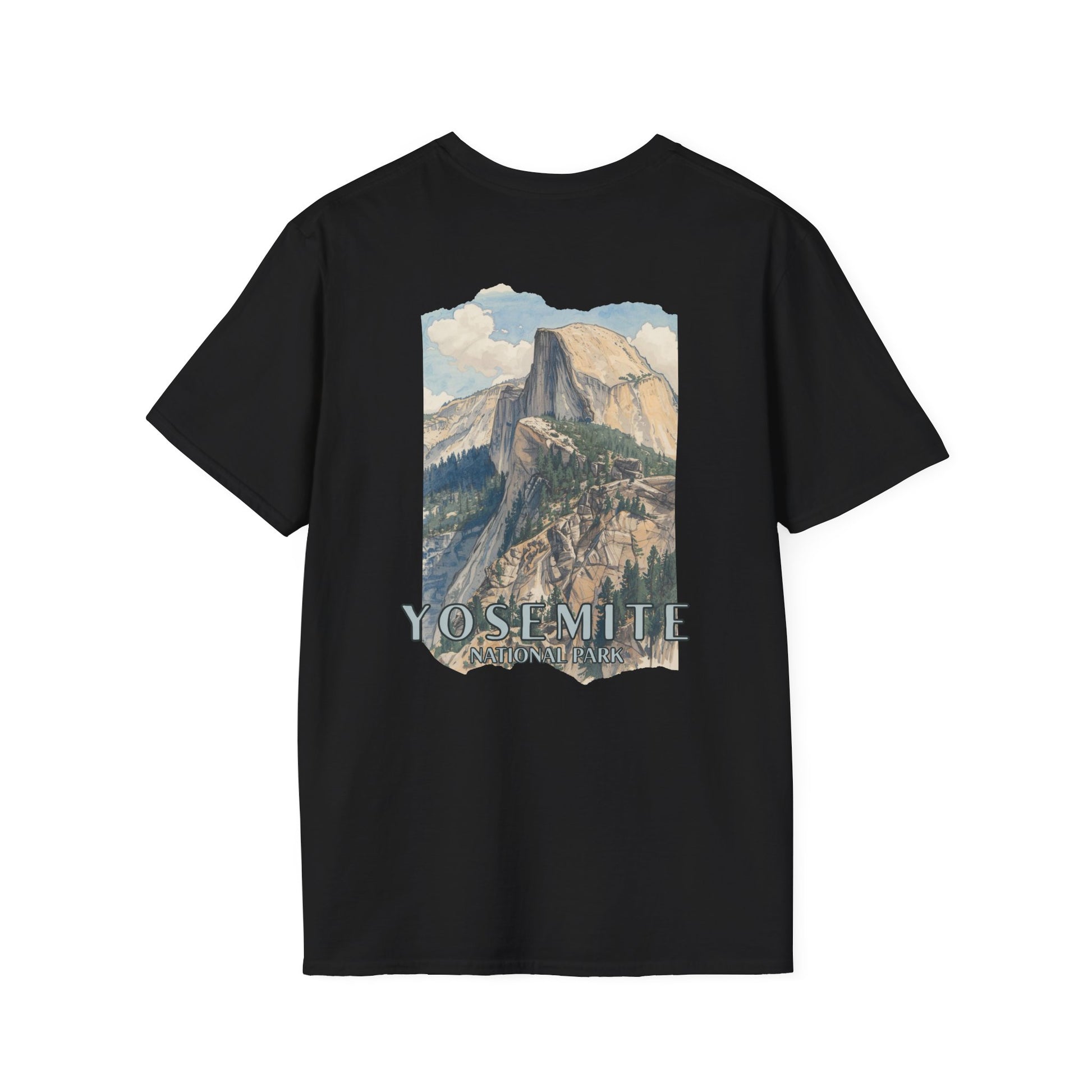 Black t-shirt with Yosemite National Park graphic on a white background