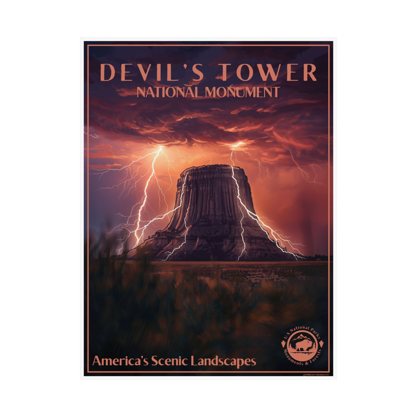 Poster depicting devils tower during a lightning storm.