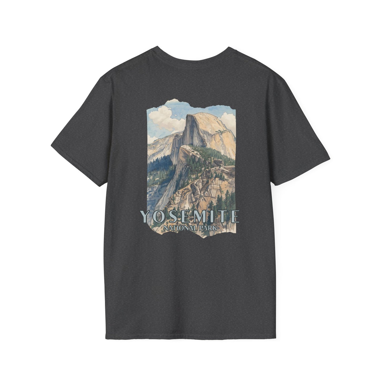 Grey t-shirt with Yosemite National Park graphic on a white background
