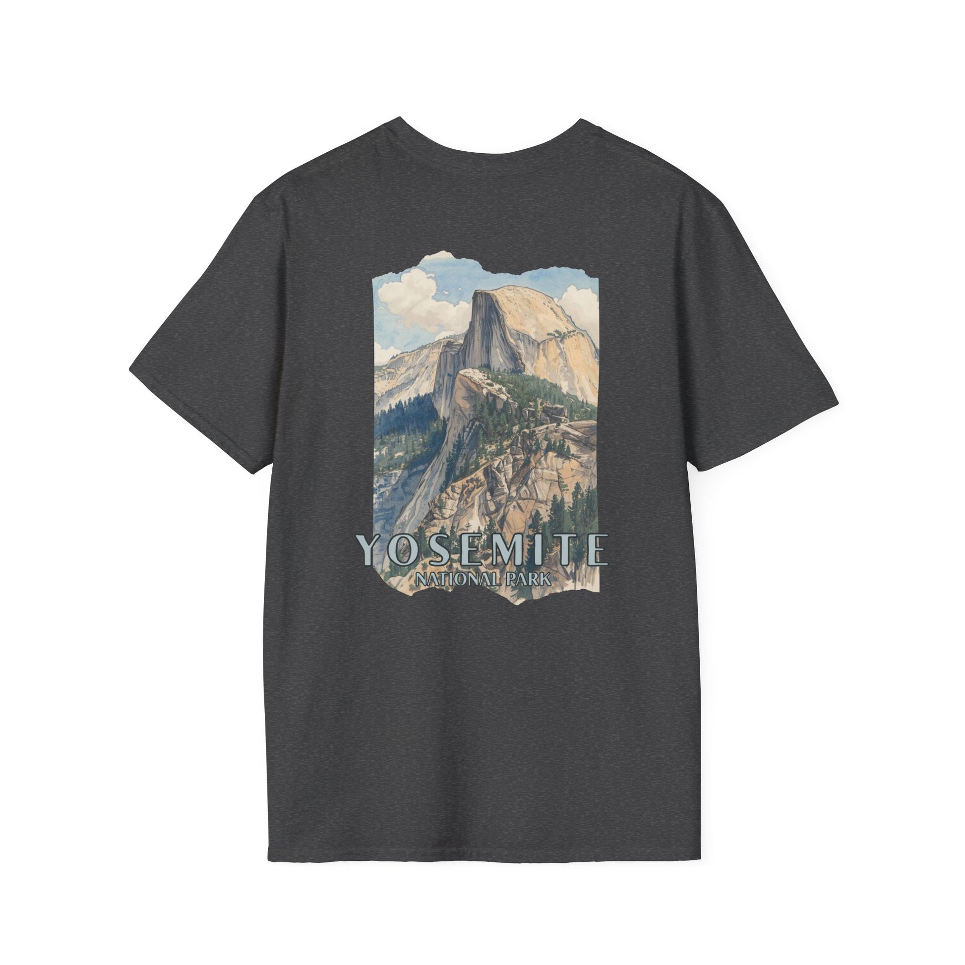 Grey t-shirt with Yosemite National Park graphic on a white background
