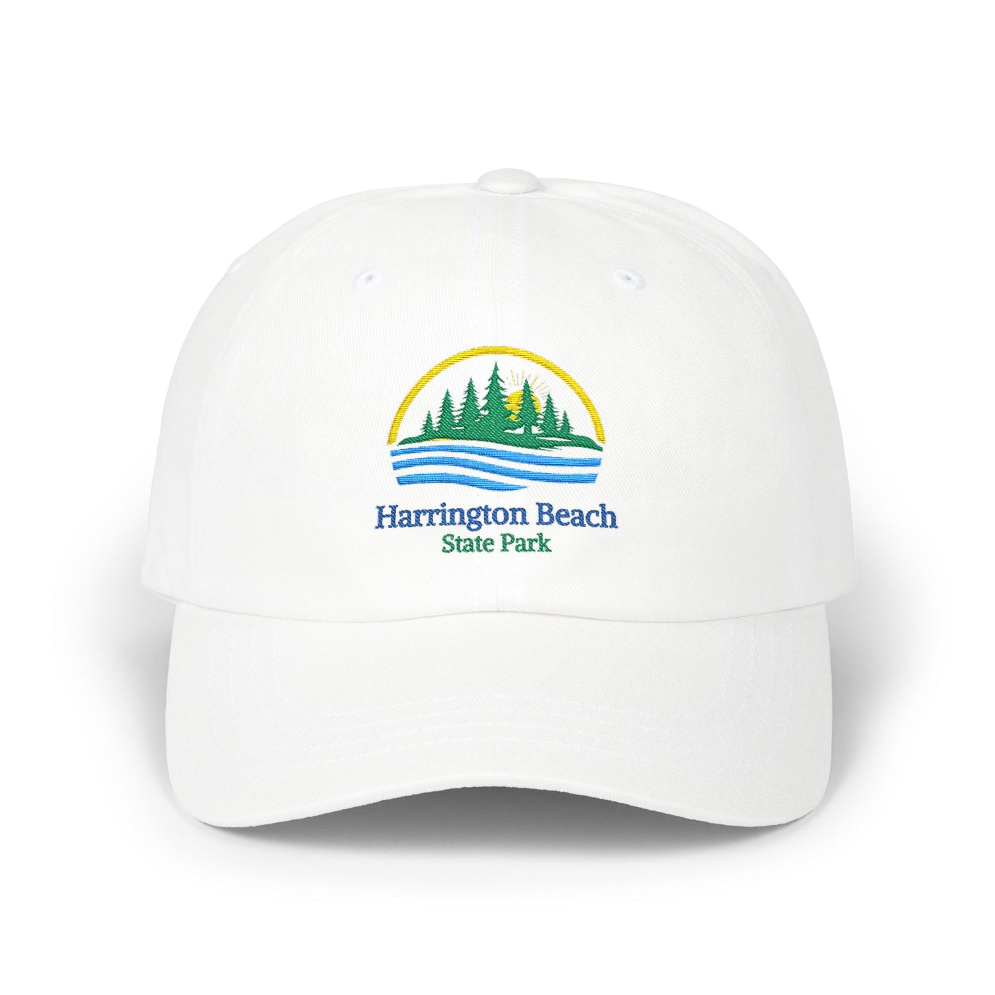 White cap with Harrington Beach State Park logo on a white background