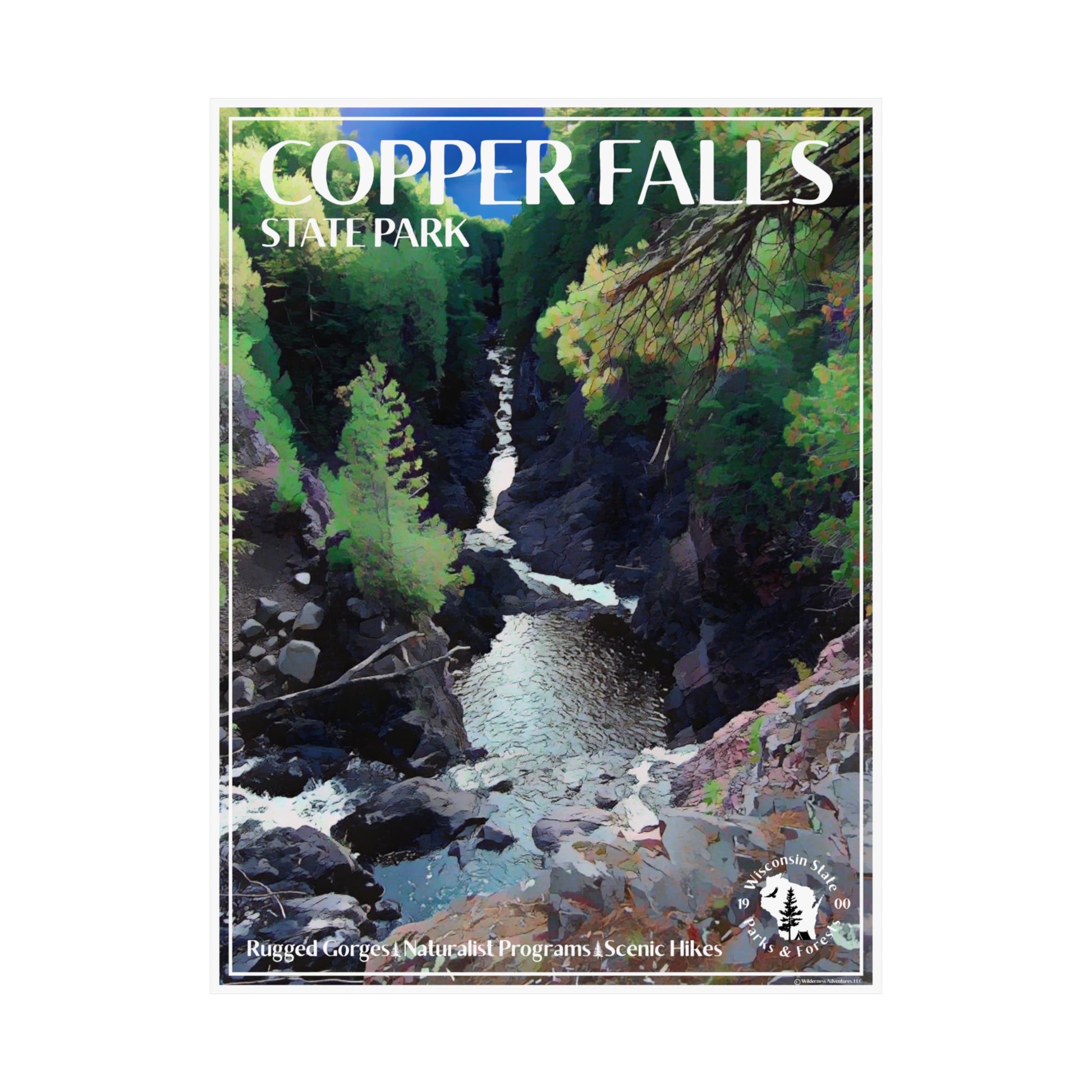 18x24” poster with artwork of the gorge below Copper and Brownstone Falls at Copper Falls State Park.
