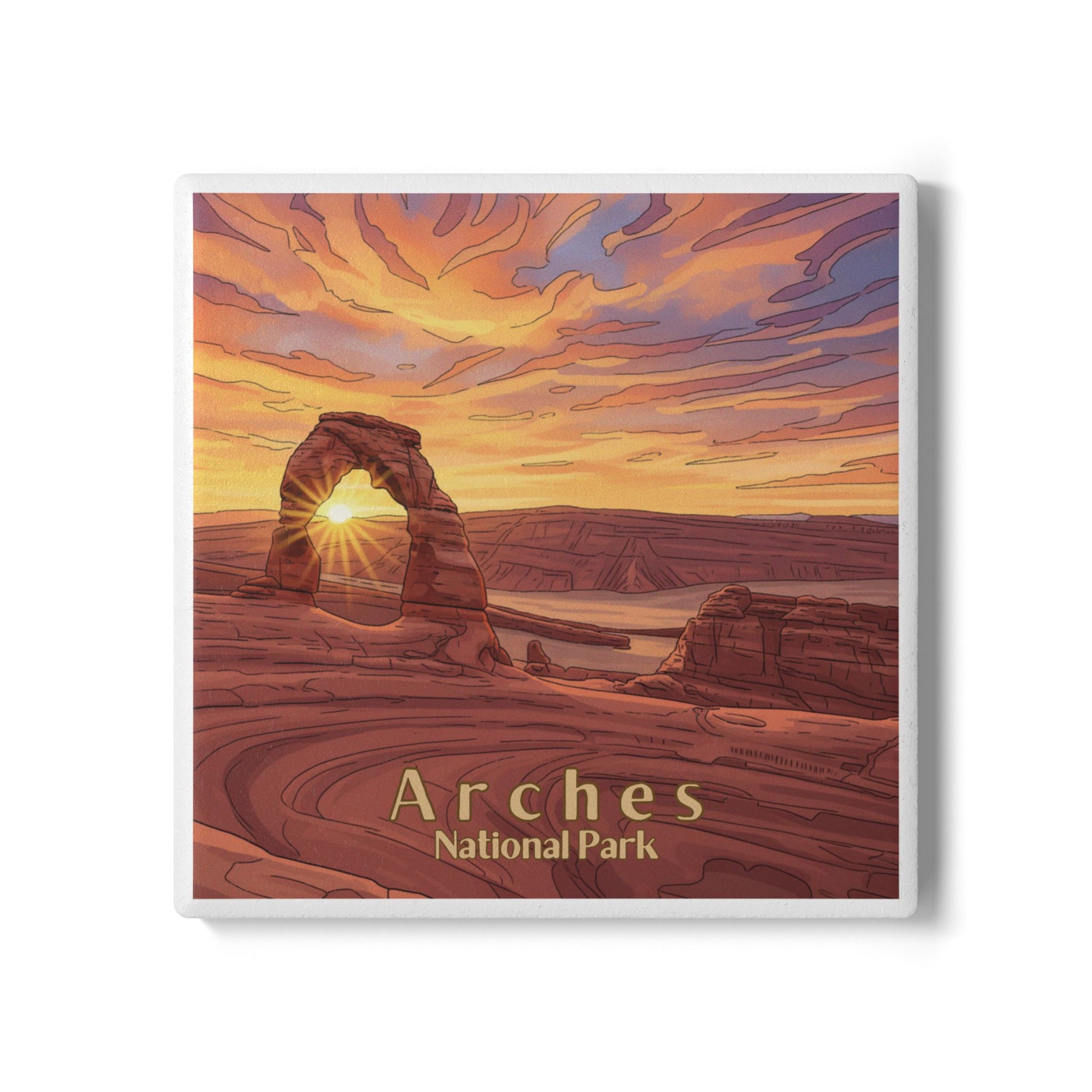 Illustration of Arches National Park with a sunset over a sandstone arch.