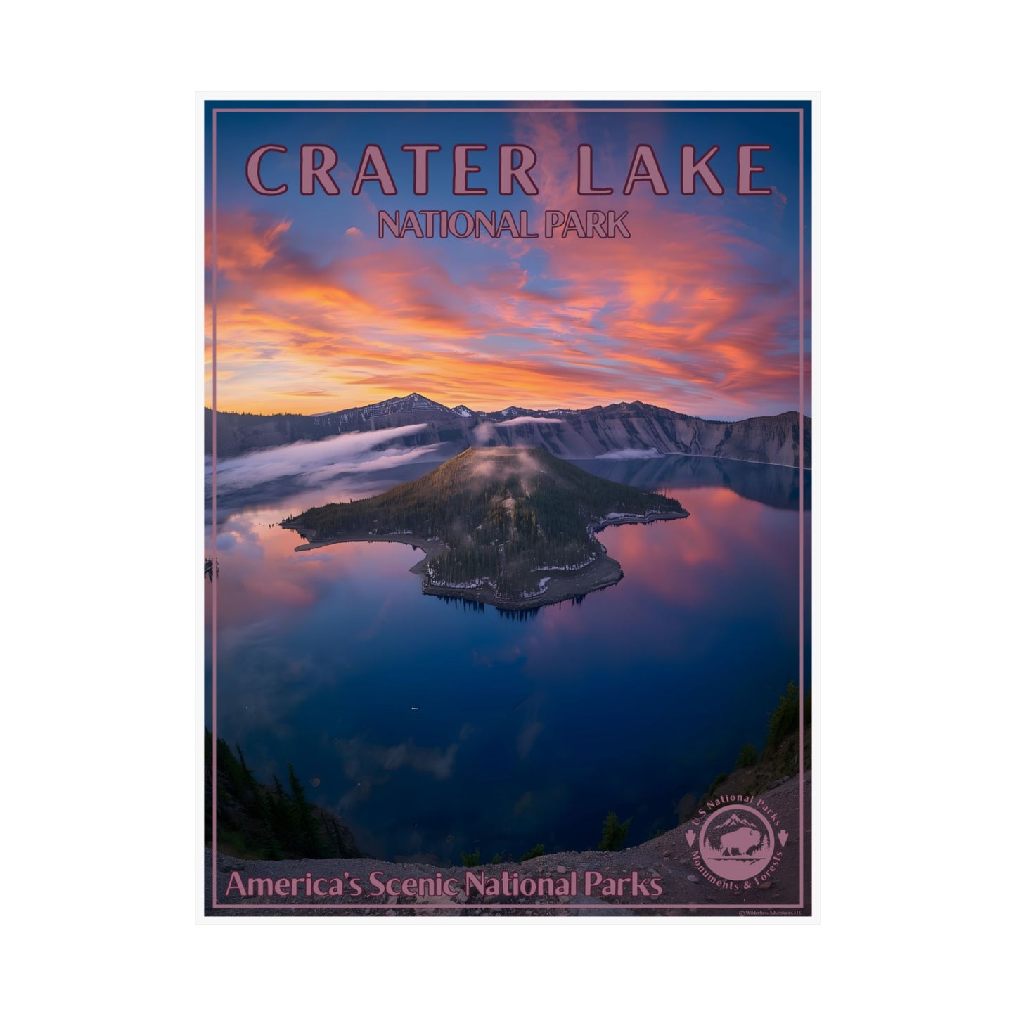 18x24 Poster of Crater Lake National Park with a sunset over the lake and mountains.