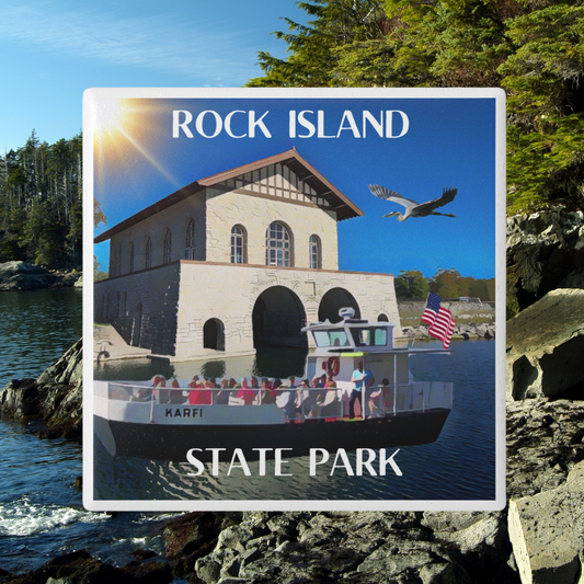 Ceramic Coaster depicting the historic boat house on Rock Island and the Island Ferry.  Contains the text “Rock Island State Park.”  Photo Background: Rocky shoreline and trees.