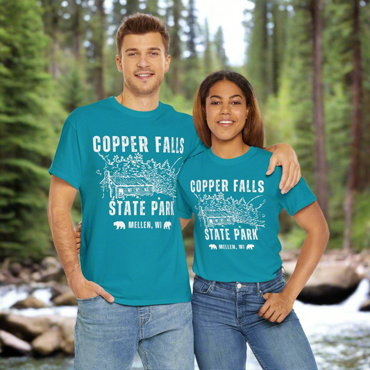 Copper Falls CCC tee front in tropical blue.