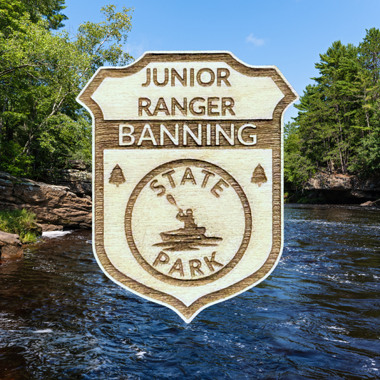 Junior Ranger Banning State Park with a river and trees in the background