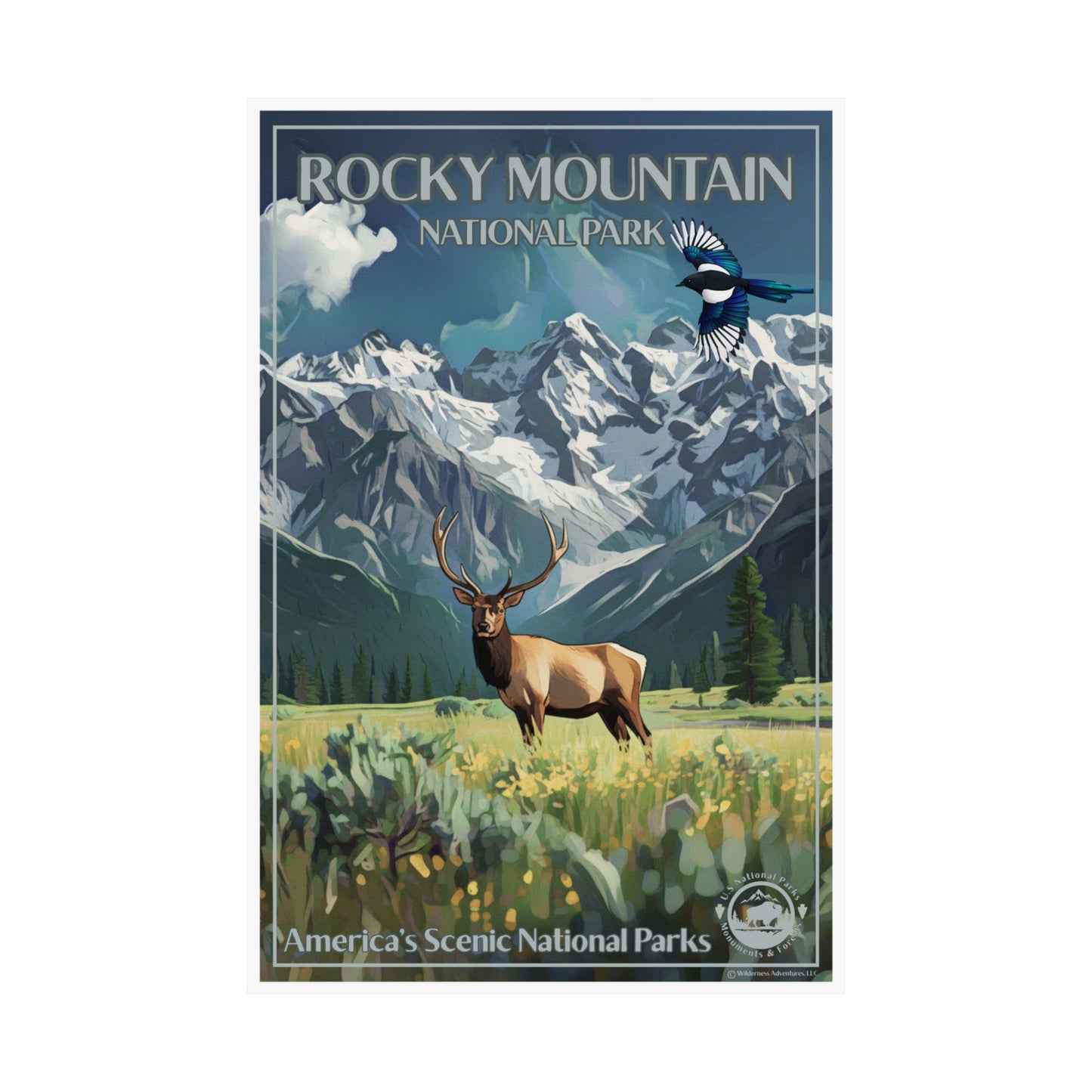 Poster of Rocky Mountain National Park with mountains, elk, and a bird.